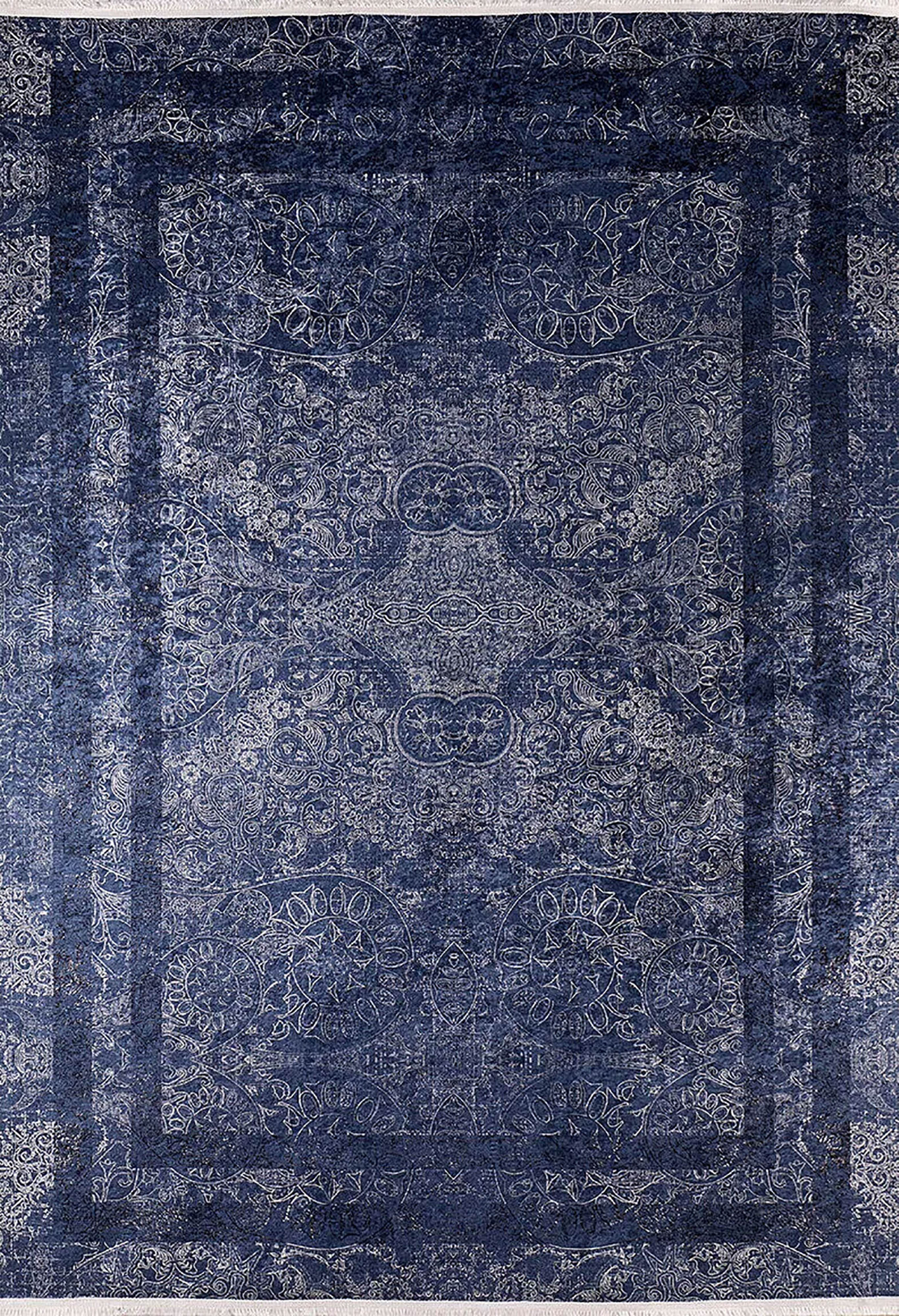 Derin Lacivert Damask Desenli Çerçeveli Bordürlü Halı