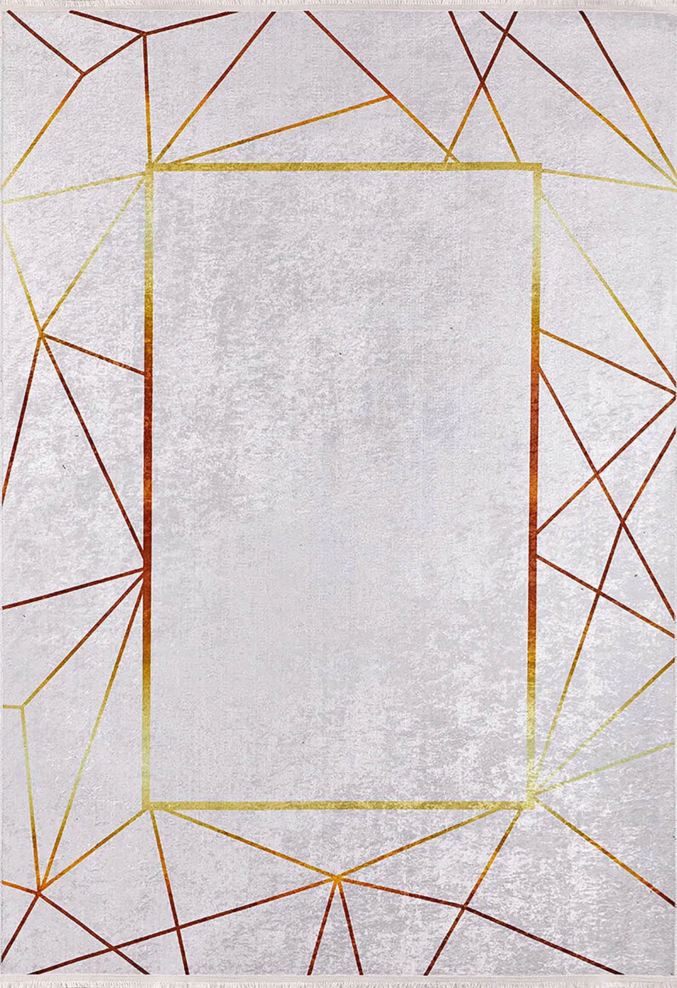 Minimalist Geometrik Çizgili Açık Gri ve Altın Detaylı Halı