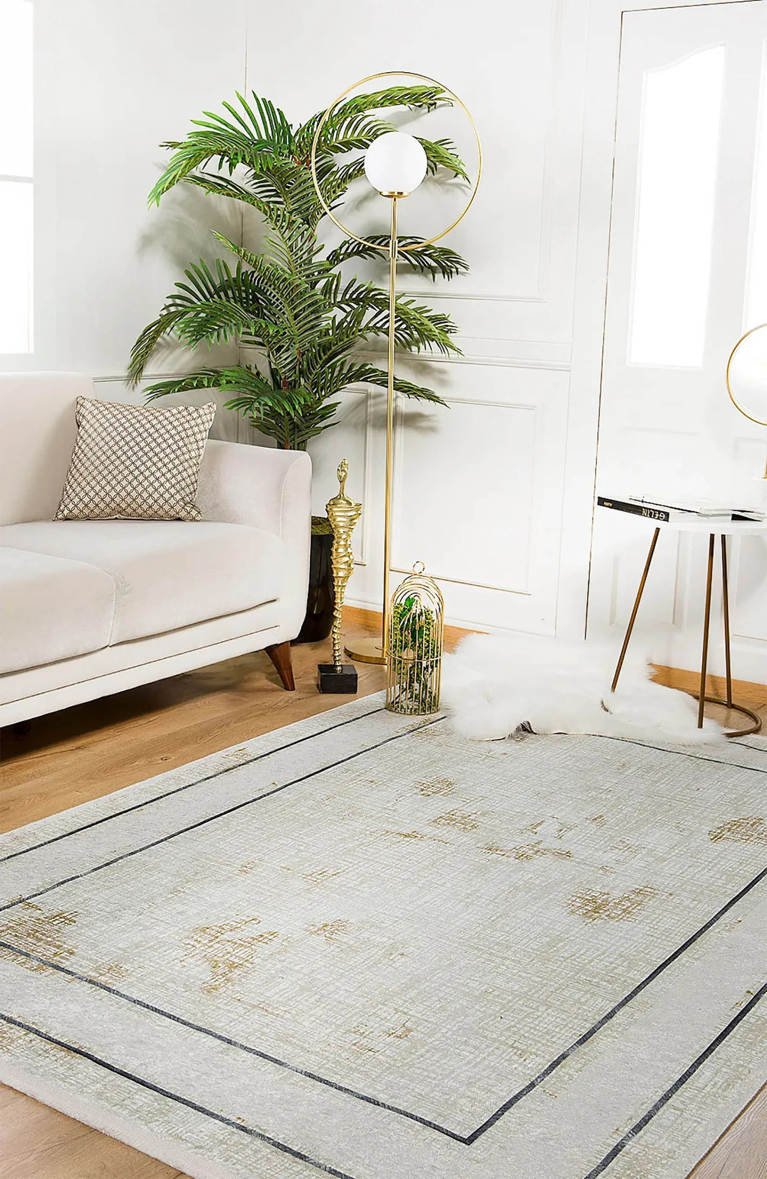 Krem Bordürlü Eskitme Desenli Modern Yıkanabilir Halı