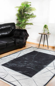 Siyah Gri Mermer Desenli Geometrik Bordürlü Modern Yıkanabilir Halı