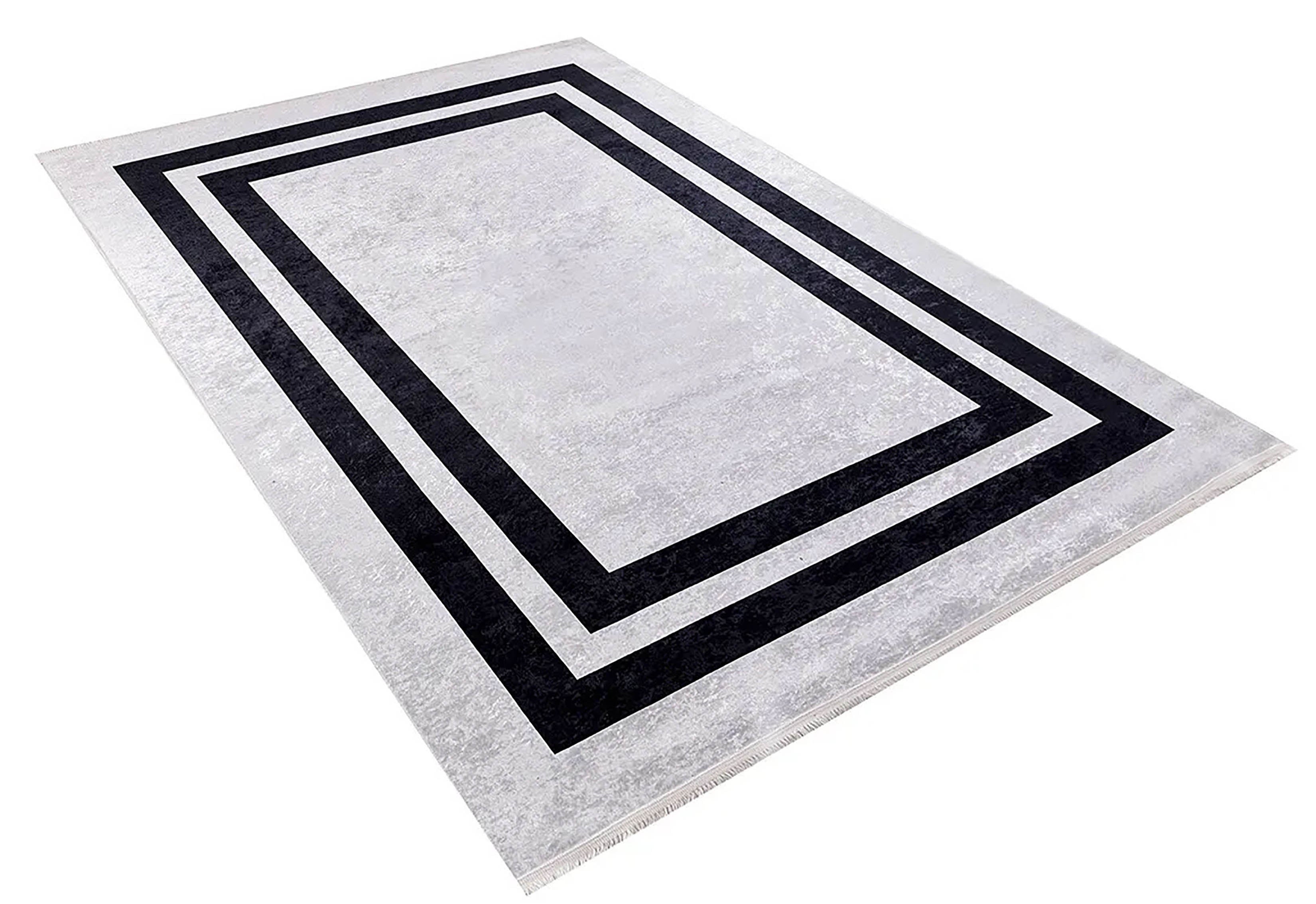 Gri Siyah Geometrik Desenli Lüks Bordürlü Halı - Pera Halı