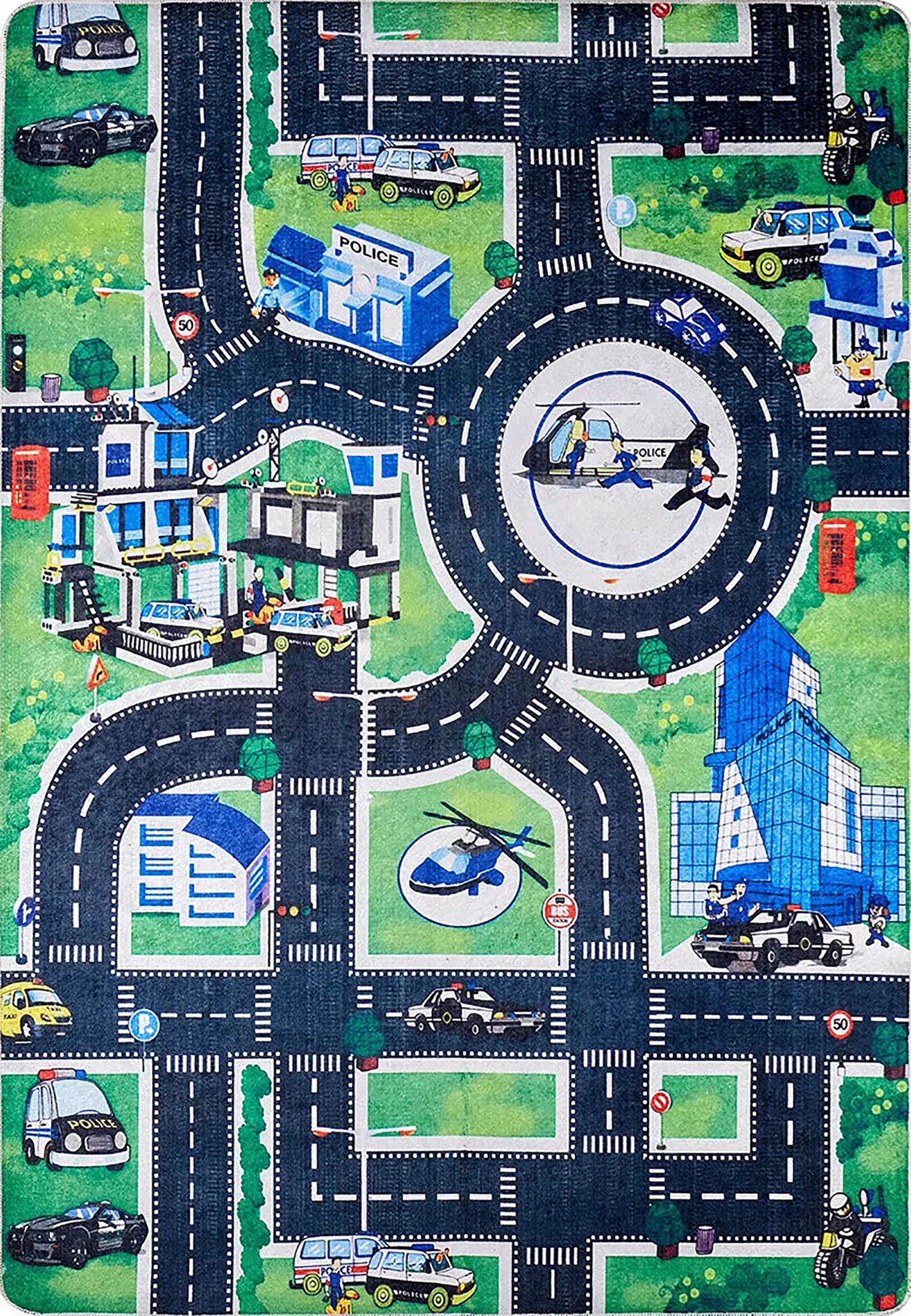 Polis Temalı Yol ve Şehir Desenli Yıkanabilir Çocuk Halısı