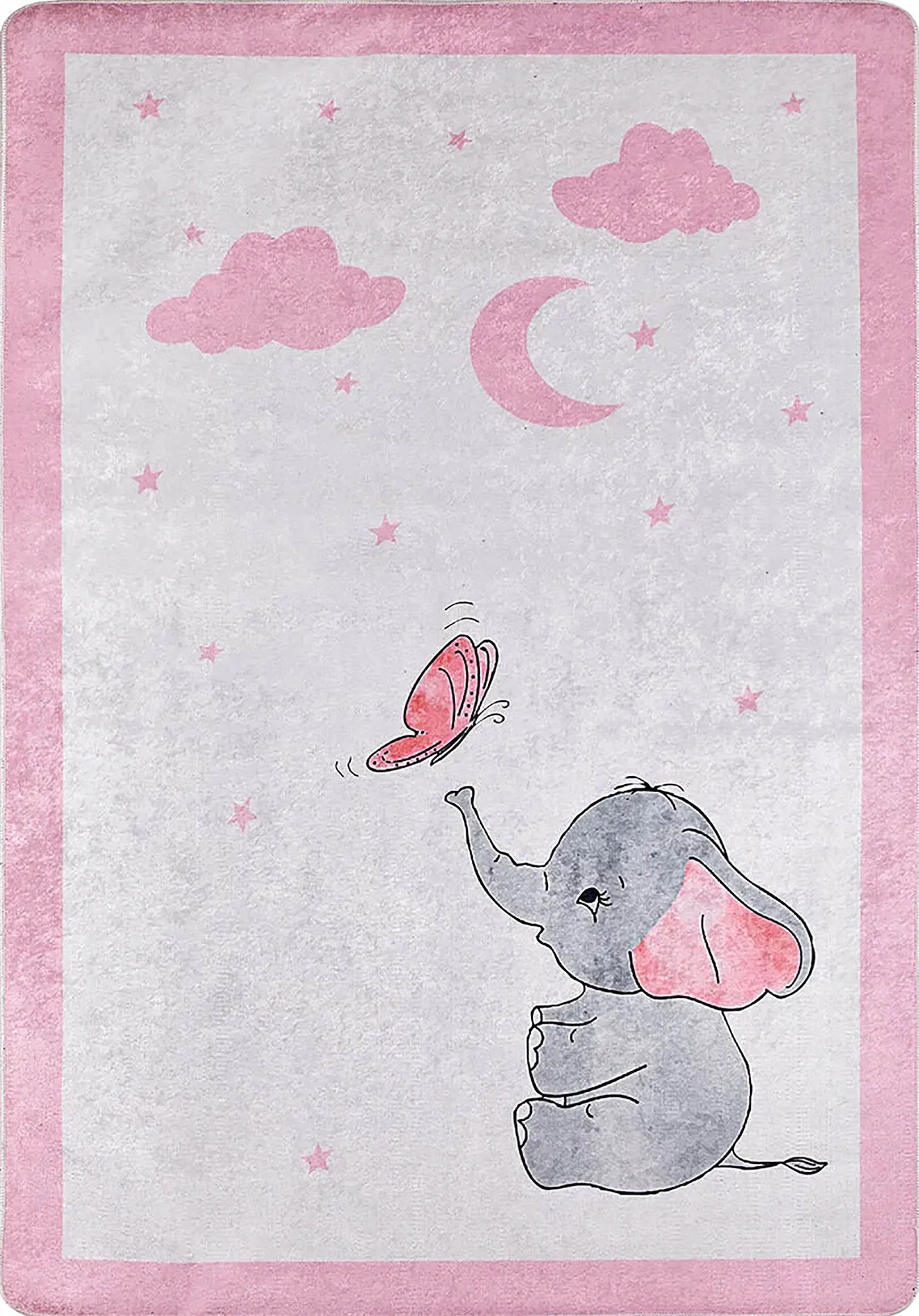 Pembe Ay ve Fil Desenli Yıkanabilir Çocuk Halısı