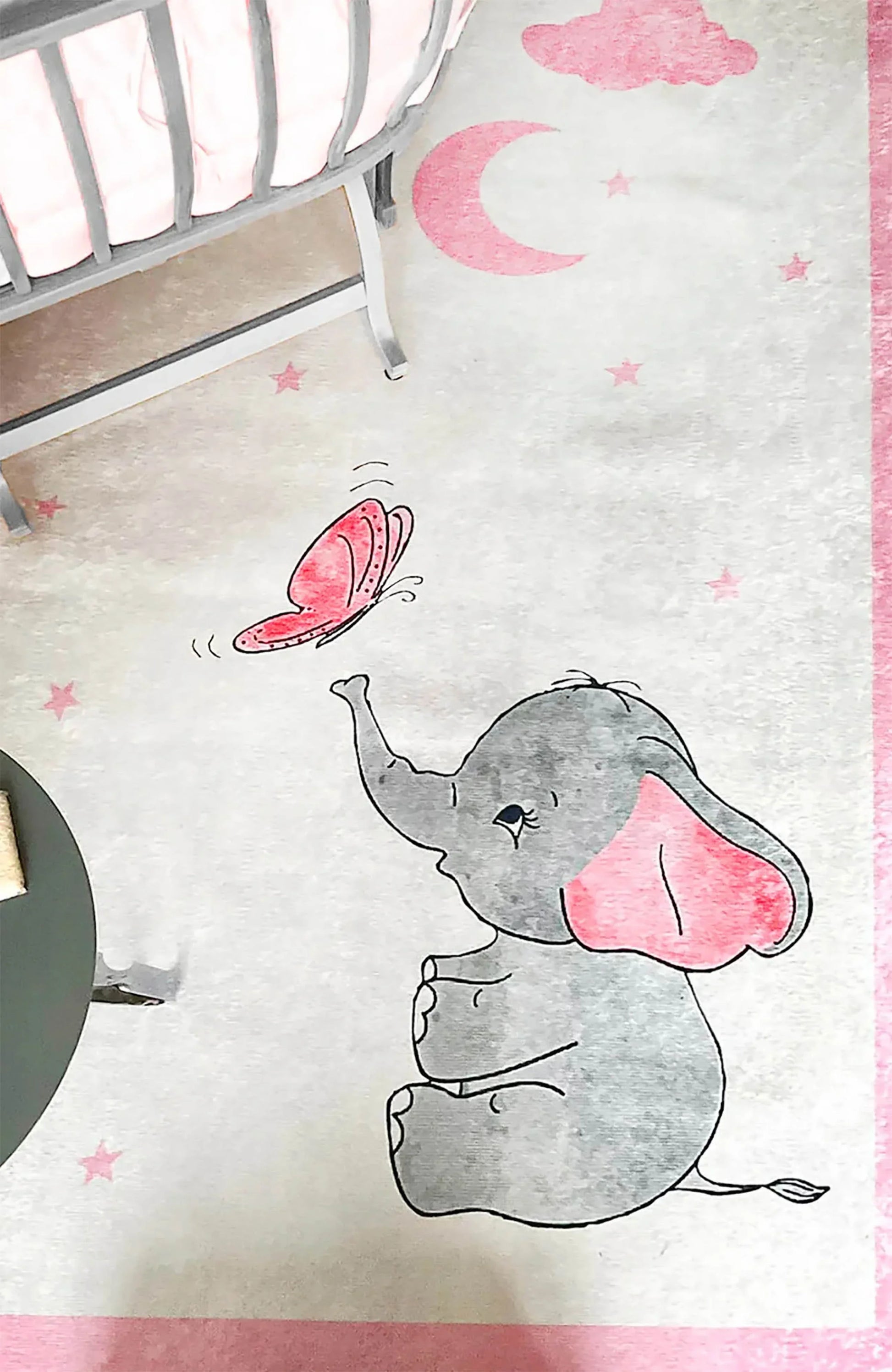 Pembe Ay ve Fil Desenli Yıkanabilir Çocuk Halısı