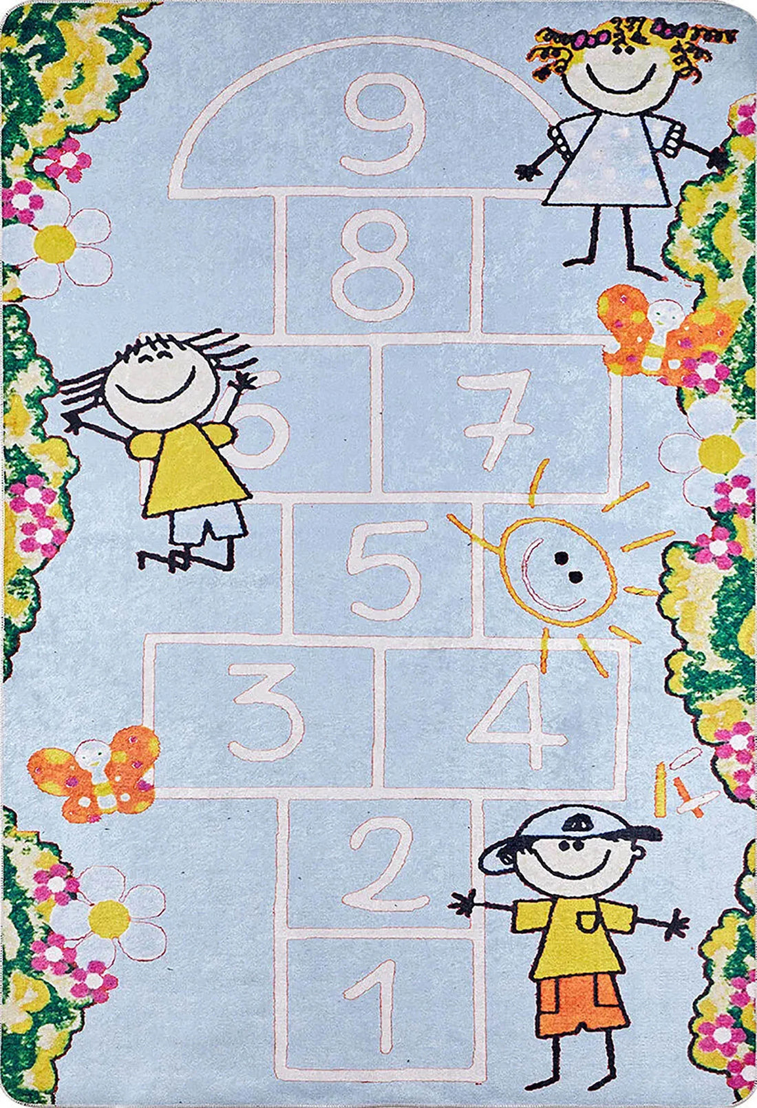 Mavi Seksek Desenli Çizgi Karakterli Çocuk Halısı