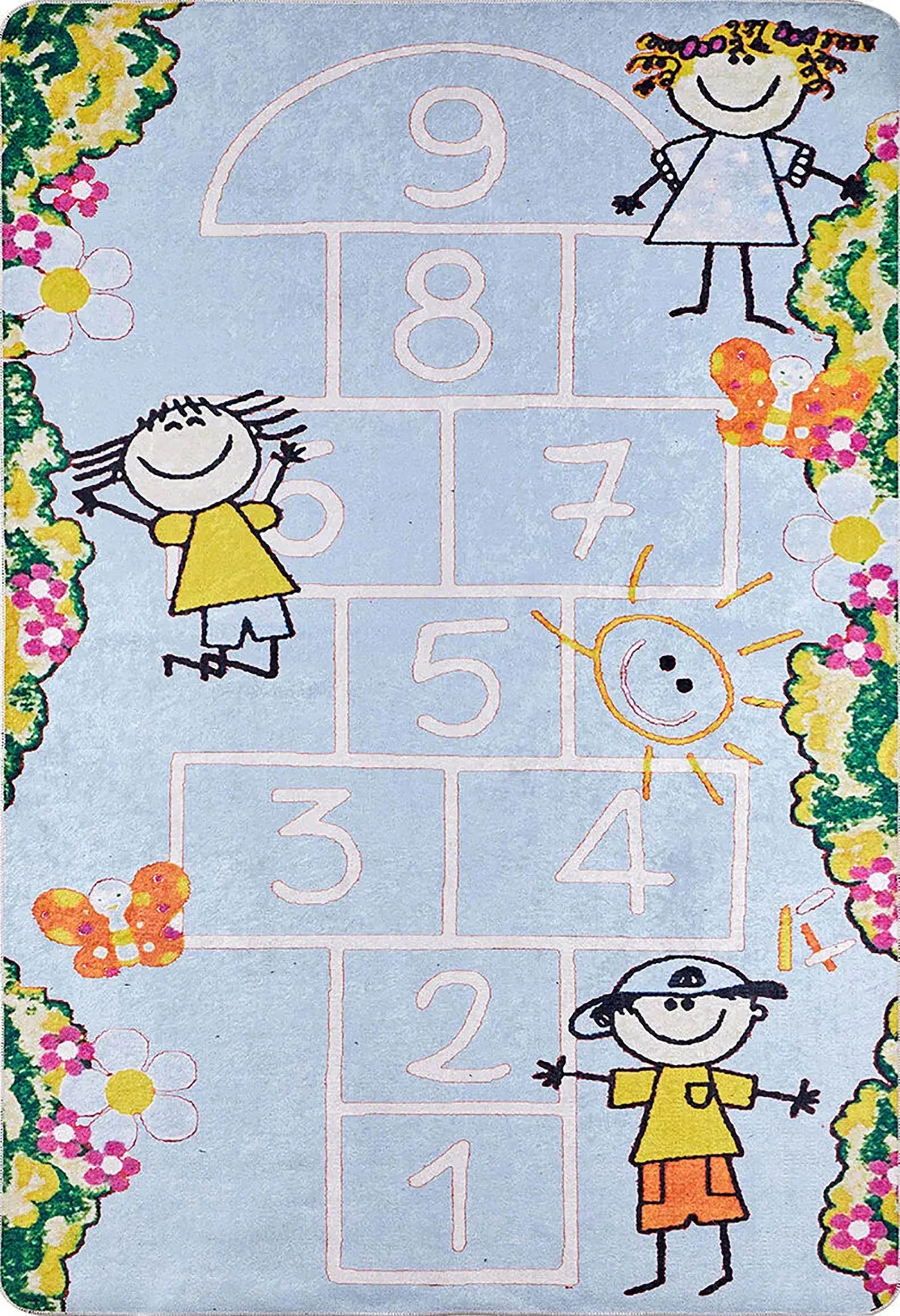 Mavi Seksek Desenli Çizgi Karakterli Çocuk Halısı