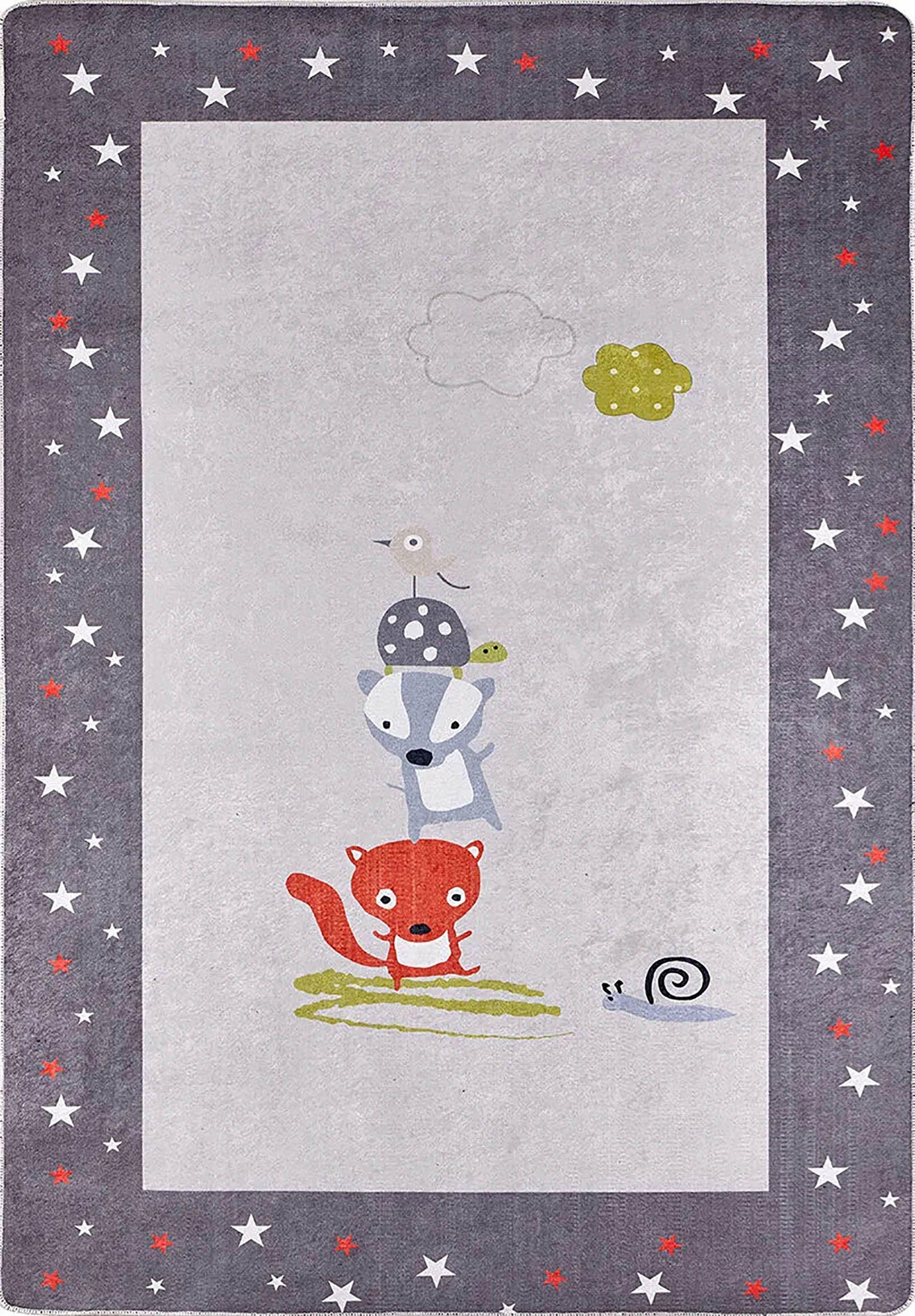 Sevimli Hayvan Kulesi Figürlü Gri Yıldız Çocuk Halısı