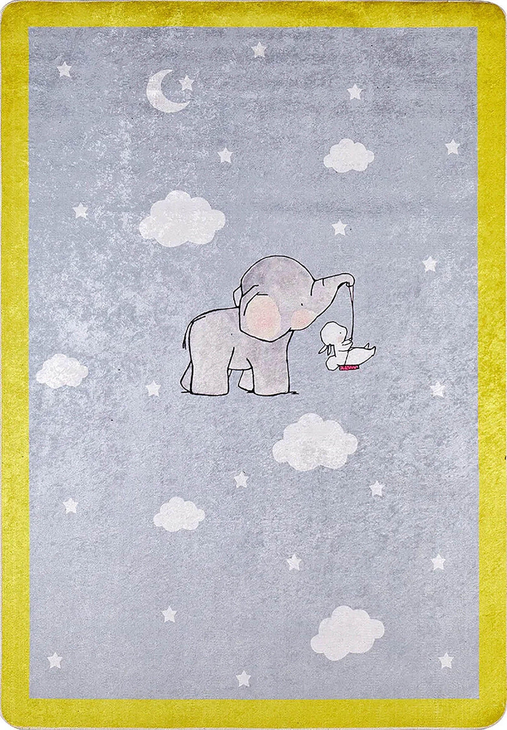 Sevimli Fil Desenli Gri Sarı Çocuk Halısı