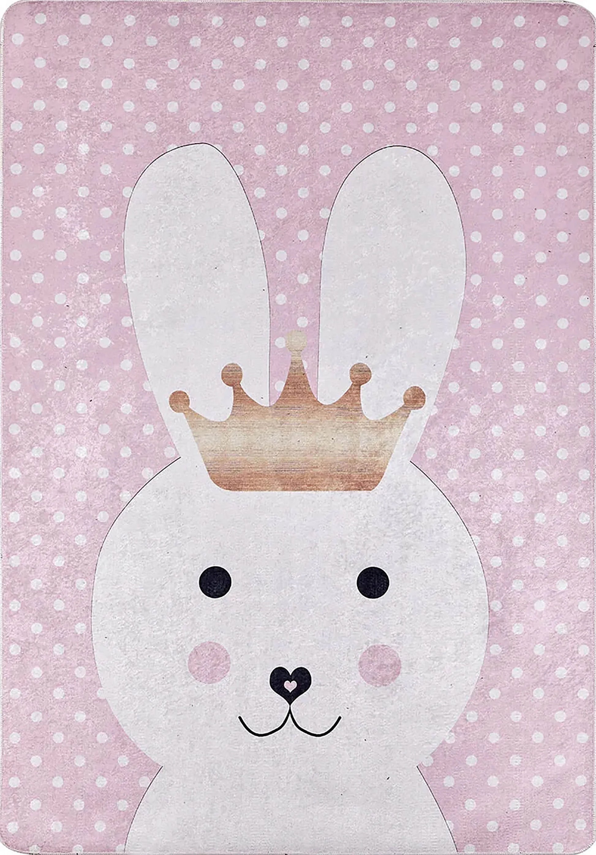 Taçlı Tavşan Desenli Pembe Yıkanabilir Çocuk Halısı