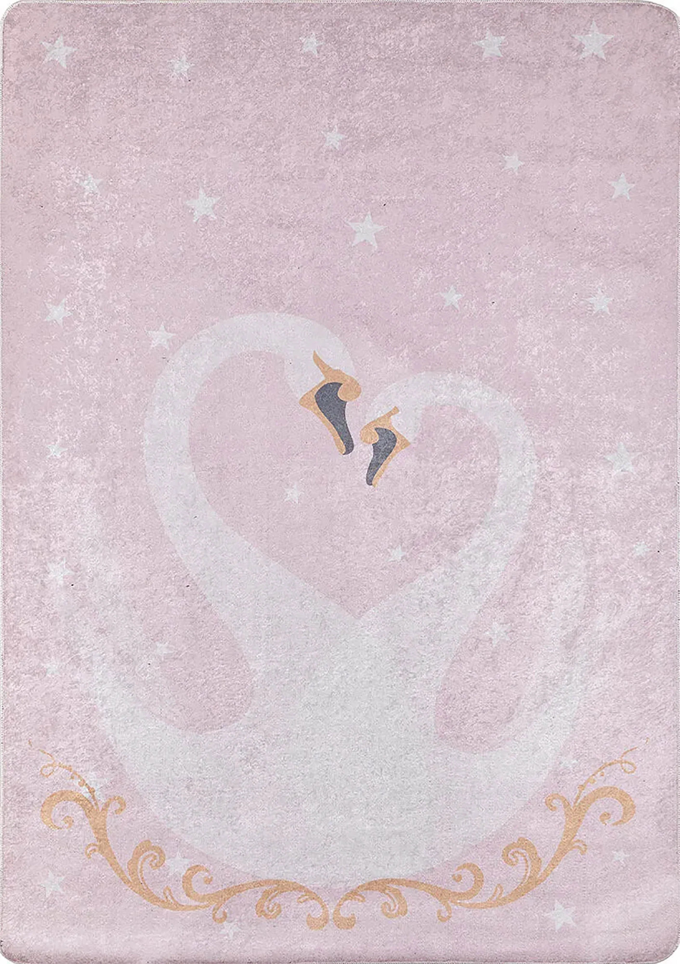 Pembe Kuğu Temalı Kalp Desenli Çocuk Halısı