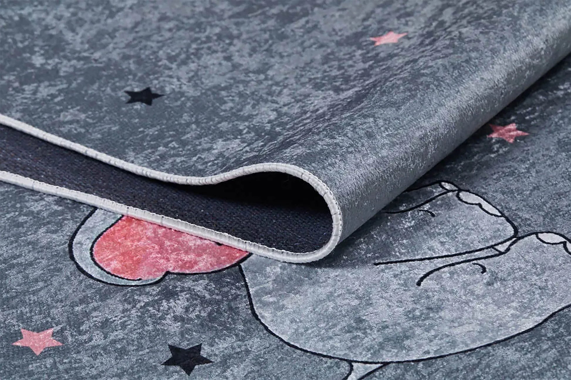 Fil ve Yıldız Desenli Gri Yıkanabilir Çocuk Halısı