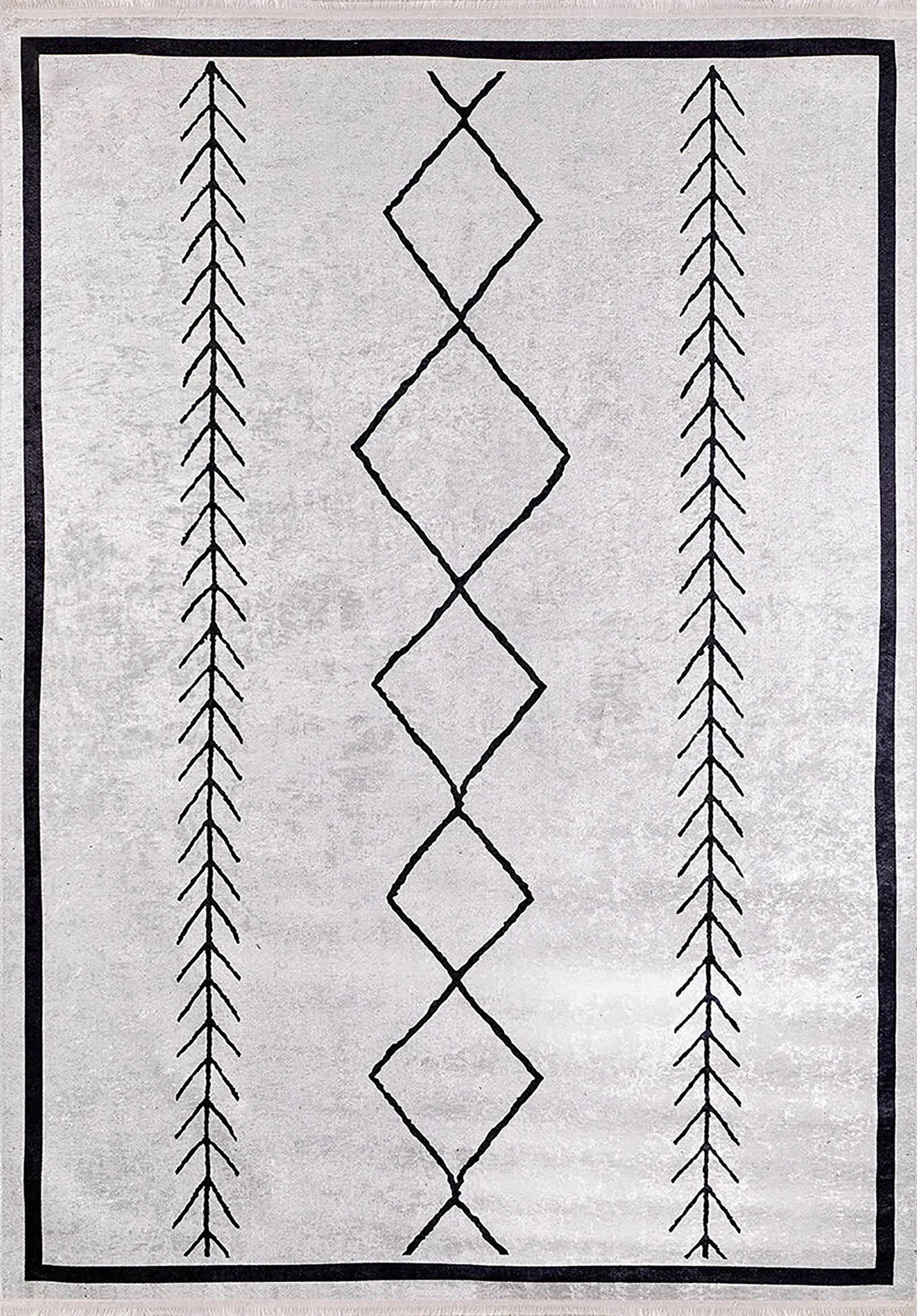 Beyaz Gri Bohem Geometrik İskandinav Desenli Salon Halısı