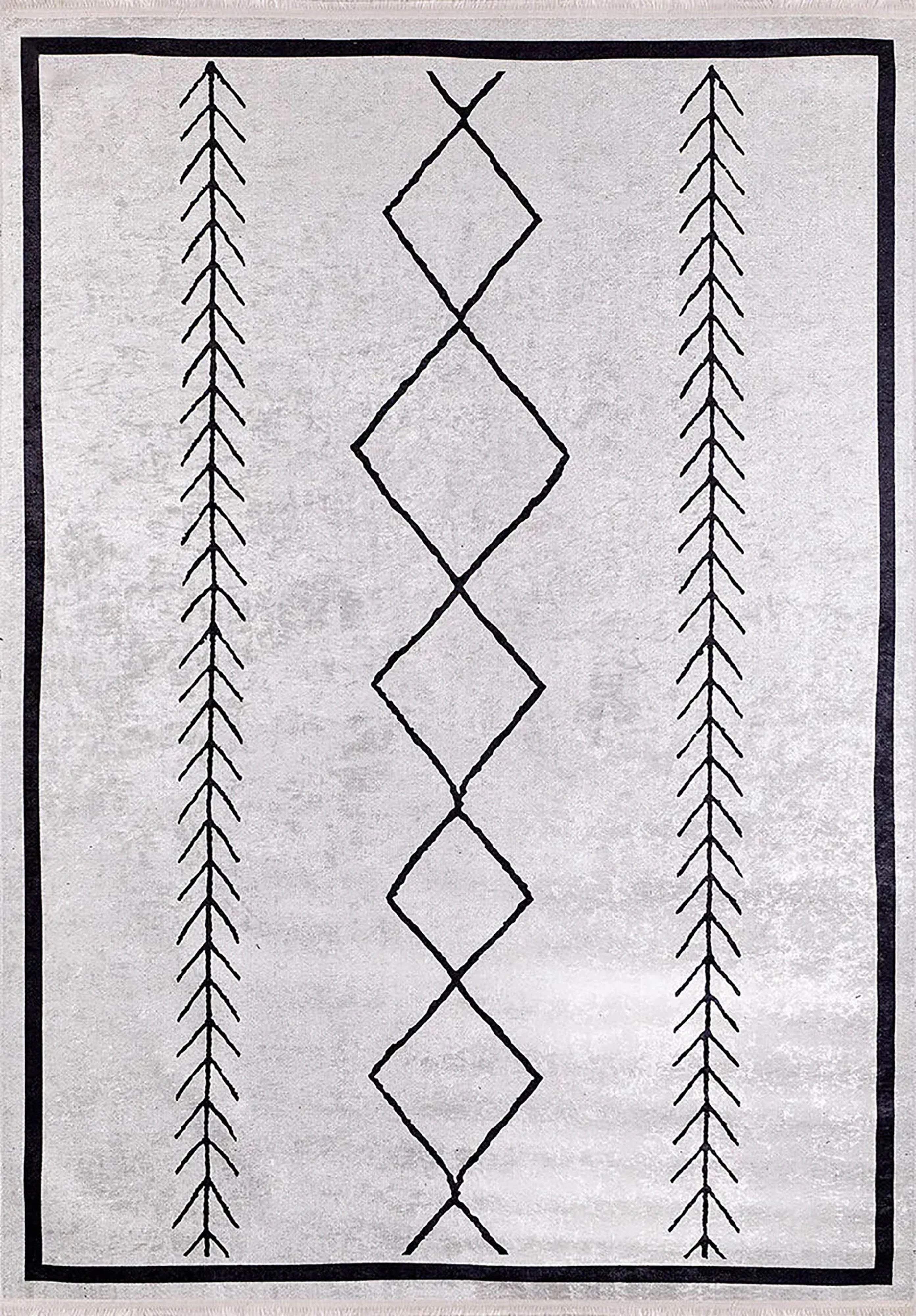 Beyaz Gri Bohem Geometrik İskandinav Desenli Salon Halısı