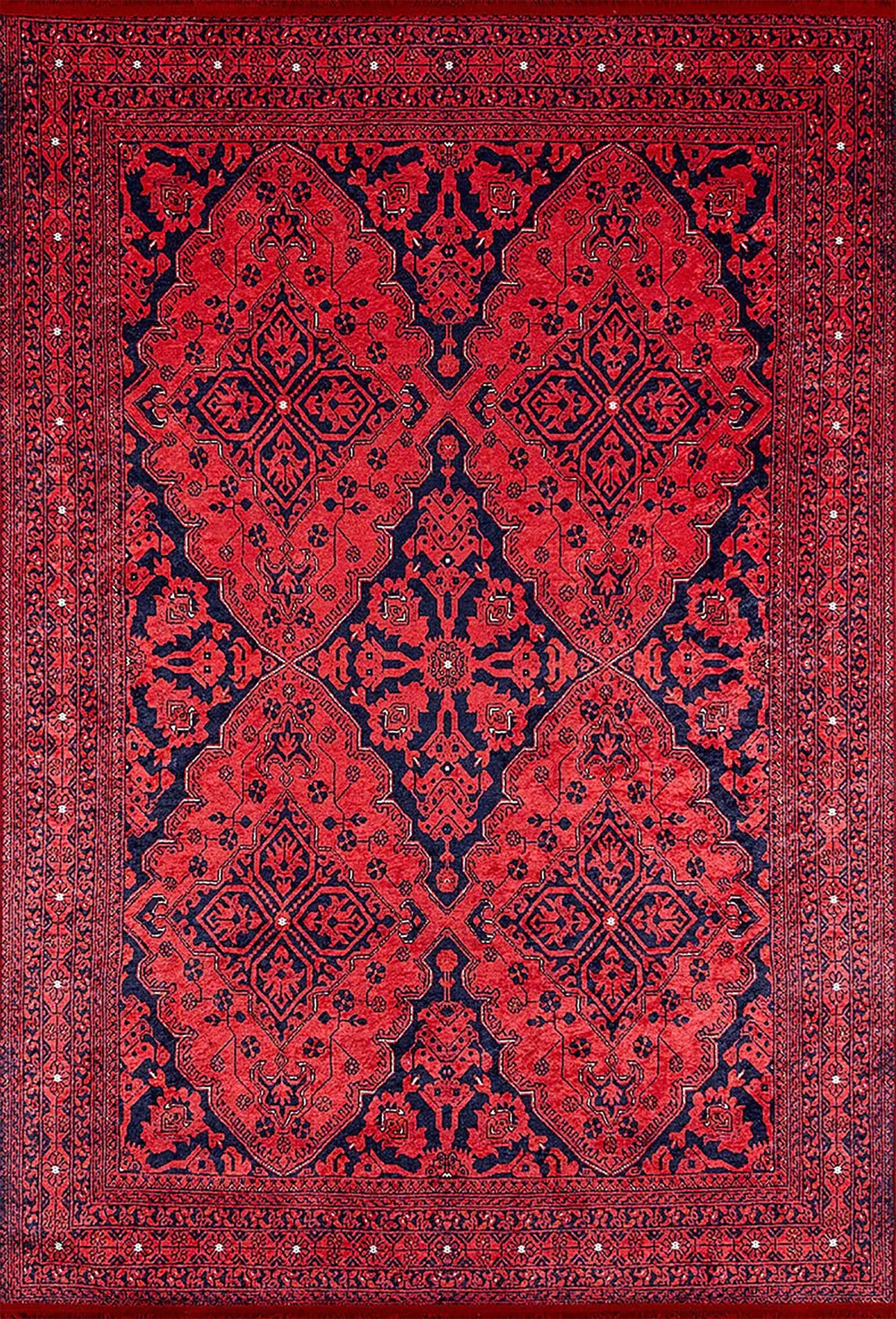 Koyu Kırmızı Lacivert Desenli Geleneksel Etnik Halı