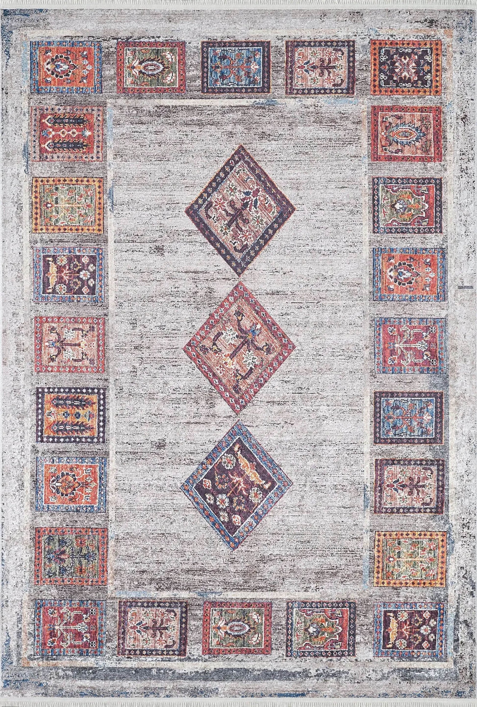 Açık Gri Antik Bohem Geometrik Desenli Halı - Pera Halı