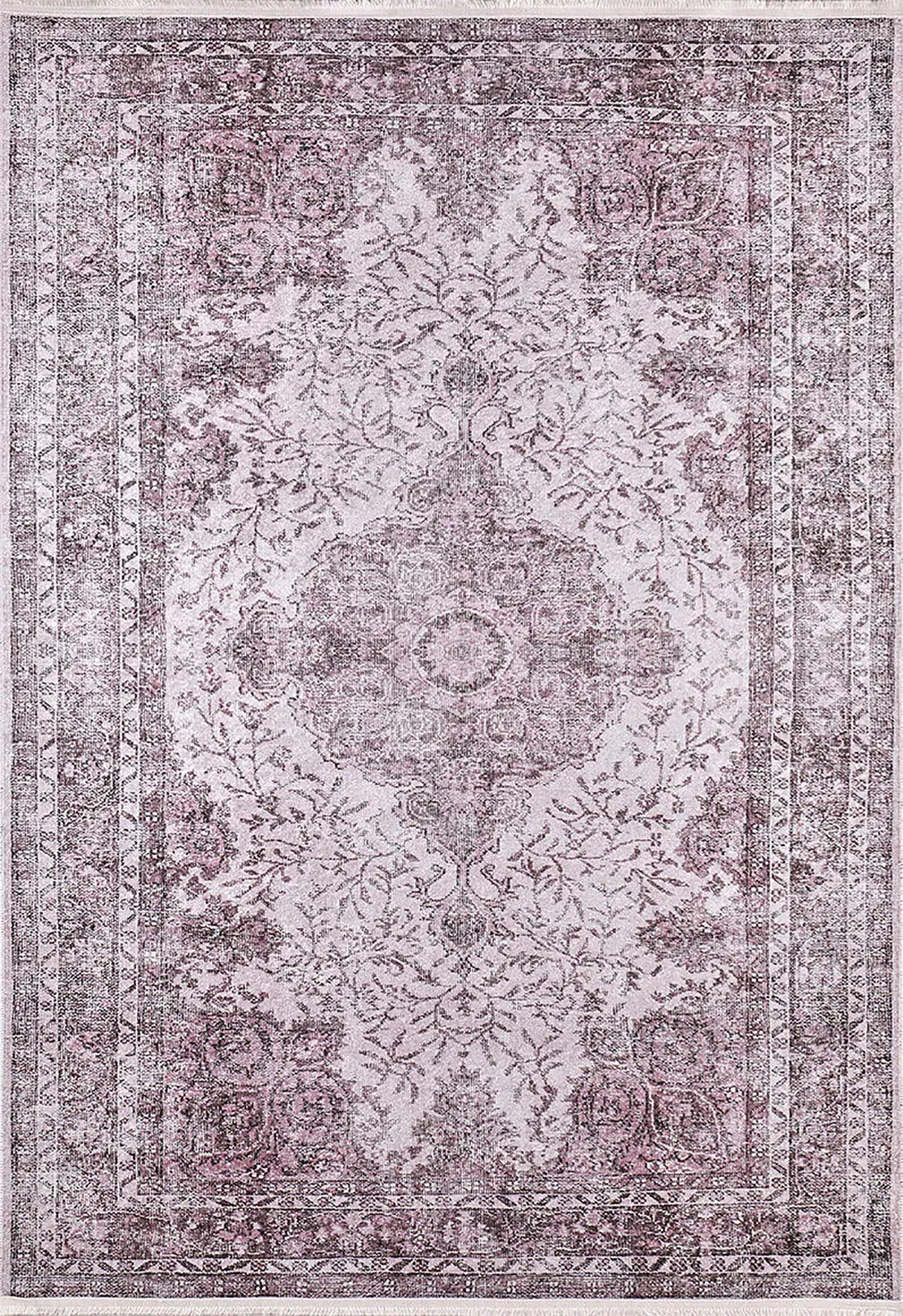 Soluk Pembe Vintage Lila Çiçek Desenli Salon Halısı