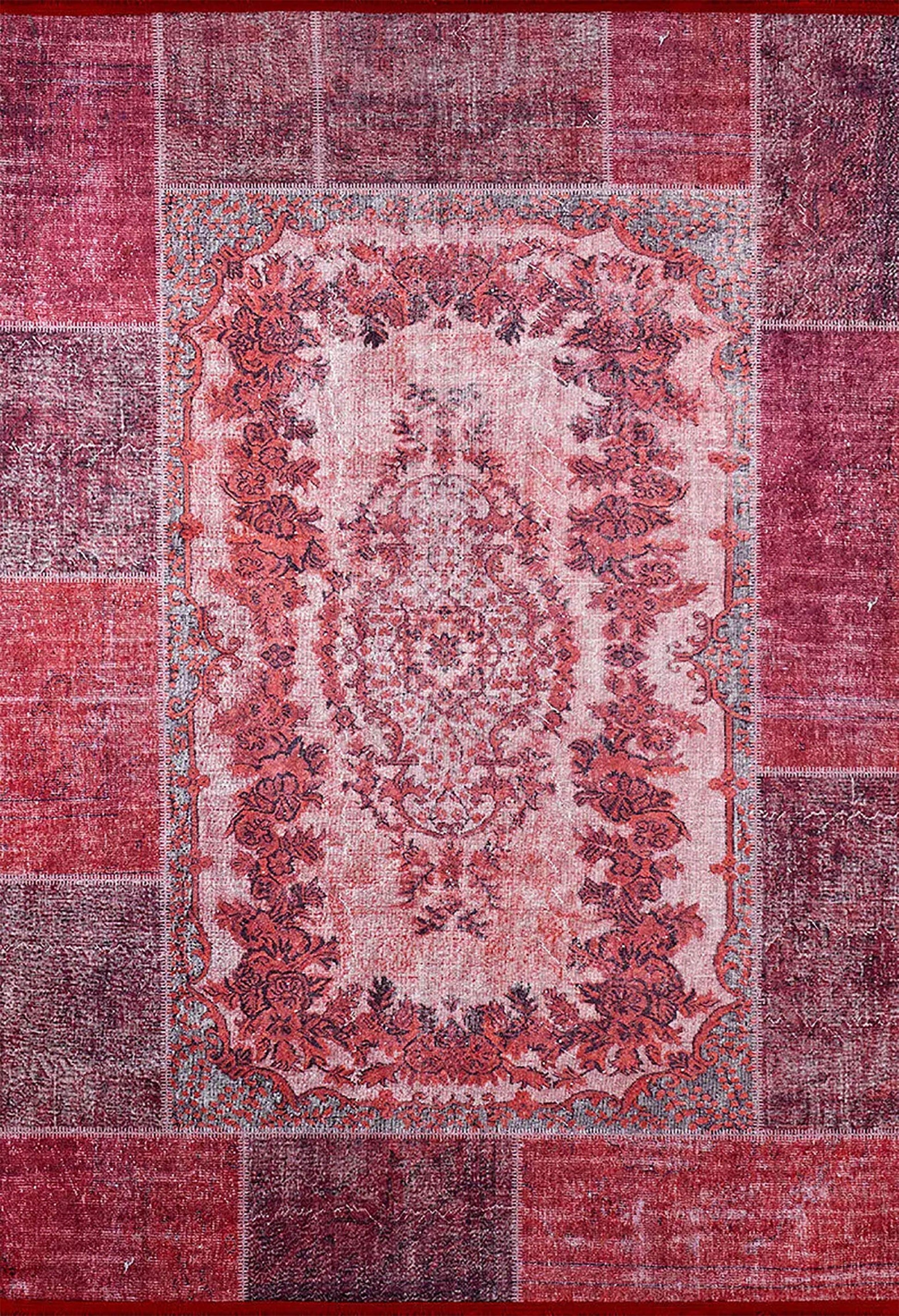 Kırmızı Patchwork Eskitme Çiçek Desenli Otantik Halı