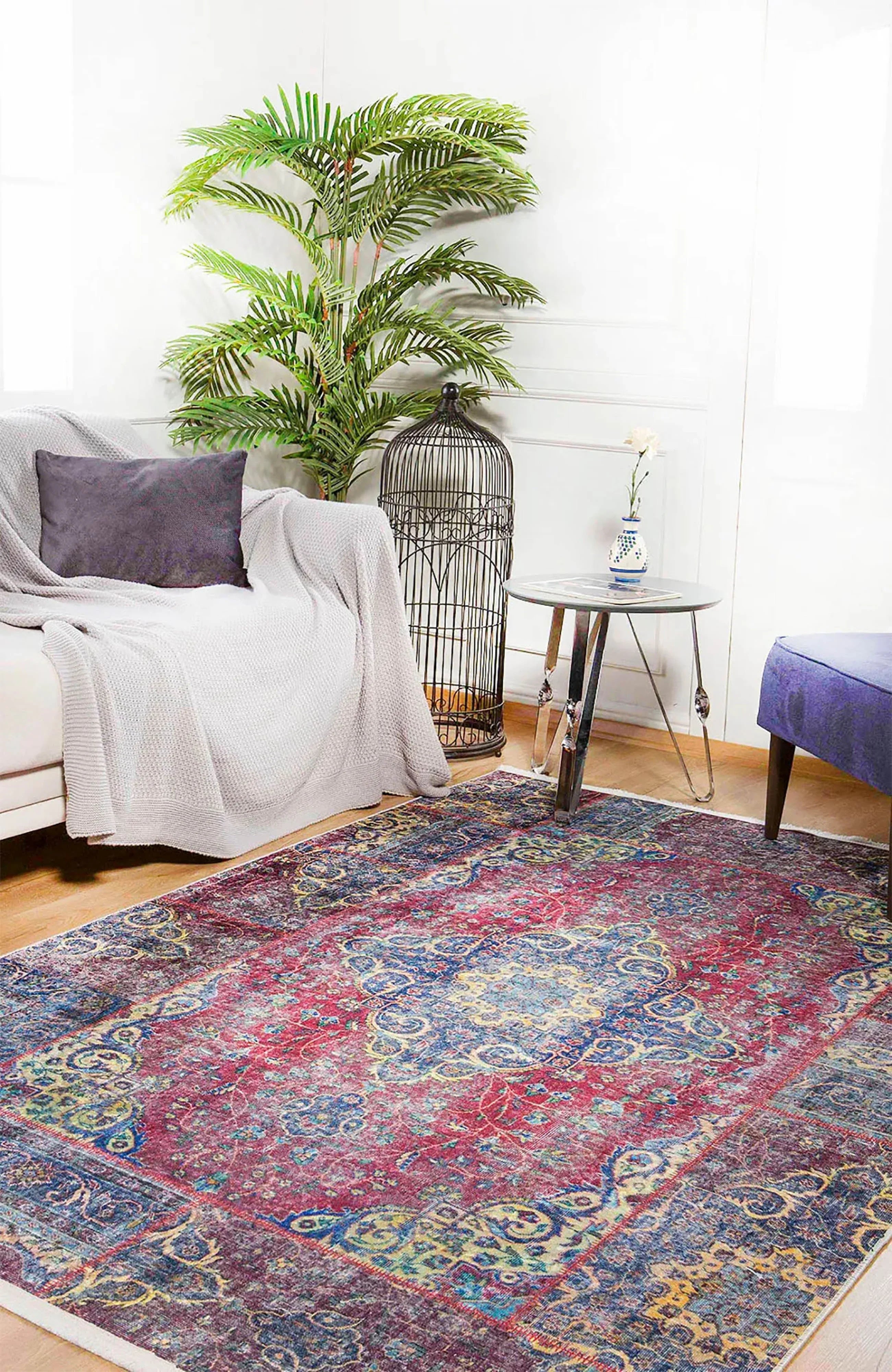 Kırmızı Mavi Patchwork Vintage Eskitme Otantik Salon Halısı