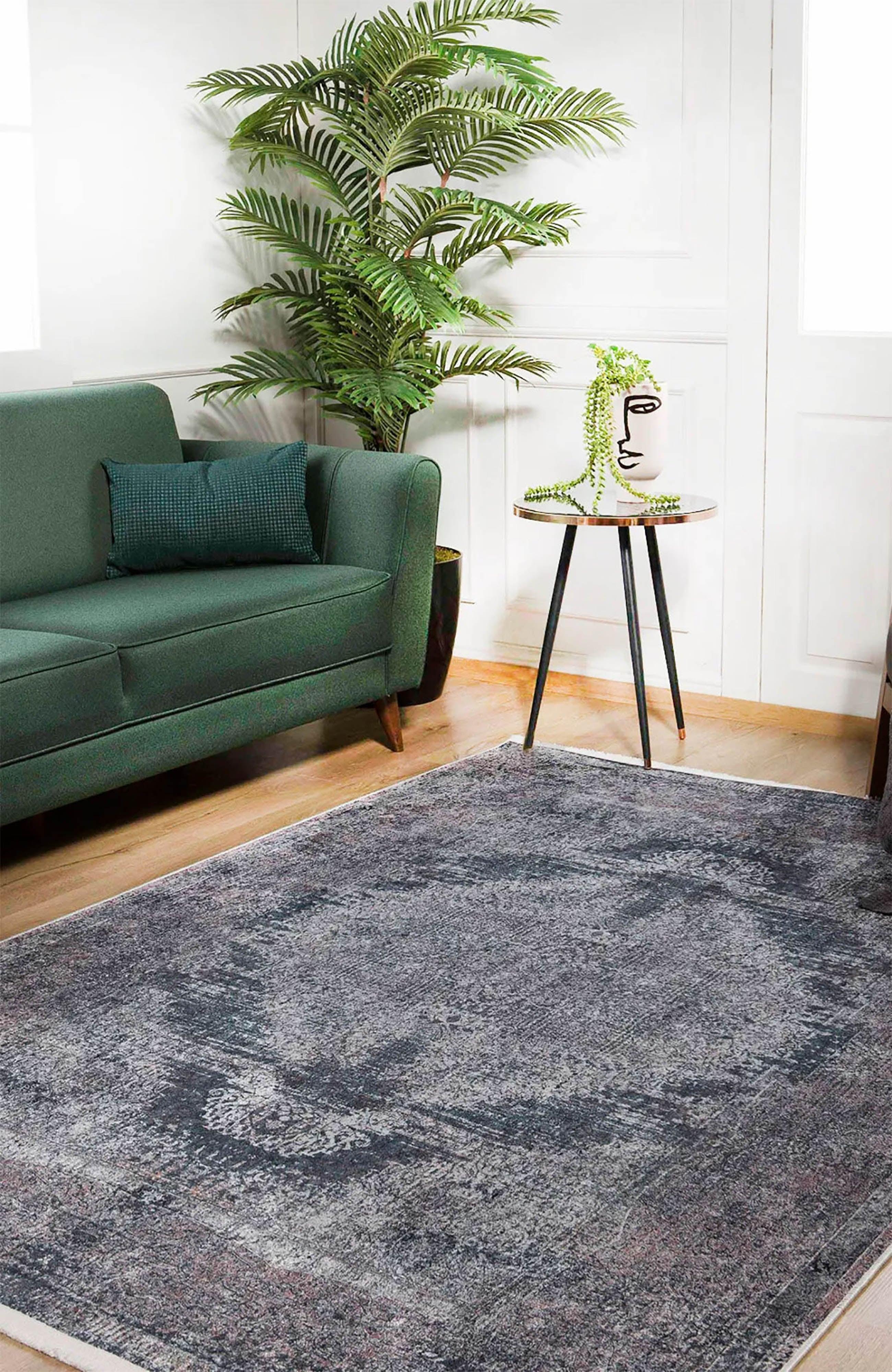 Koyu Gri Mavi Eskitme Vintage Otantik Halı