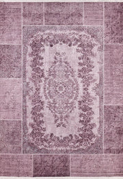 Lila Mor Patchwork Eskitme Çiçekli Vintage Halı
