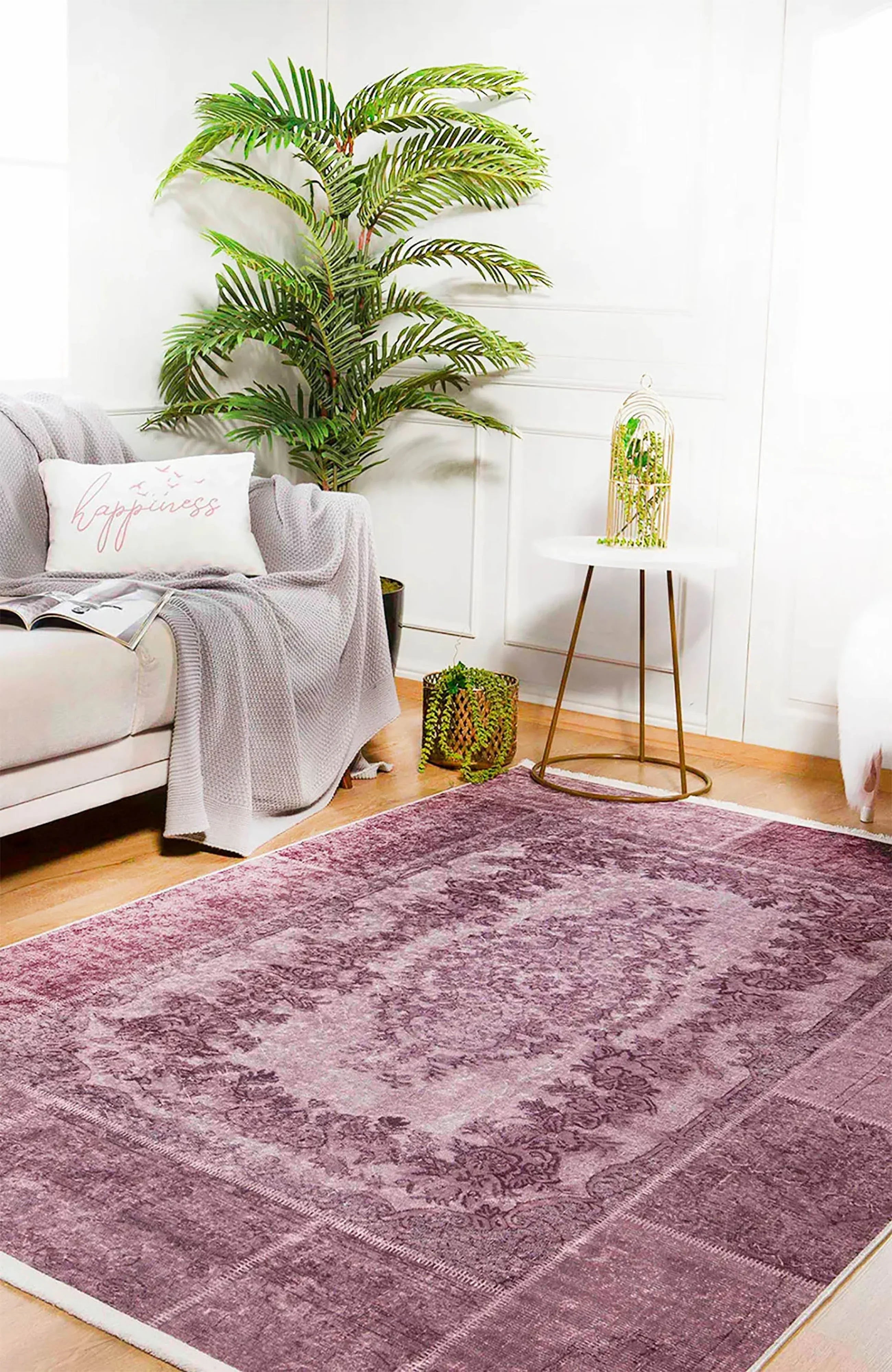 Lila Mor Patchwork Eskitme Çiçekli Vintage Halı