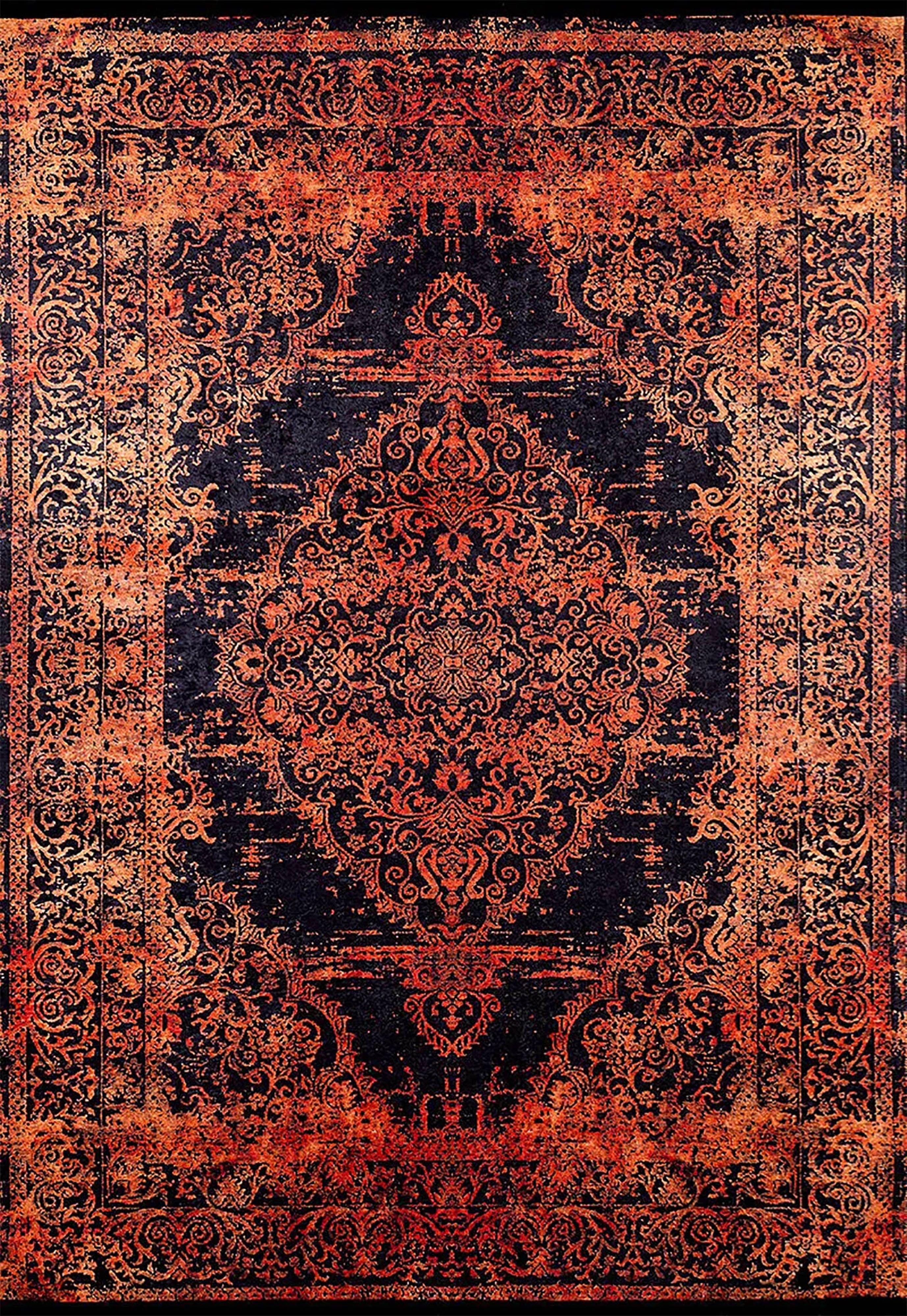 Eskitme Turuncu Siyah Madalyon Halı