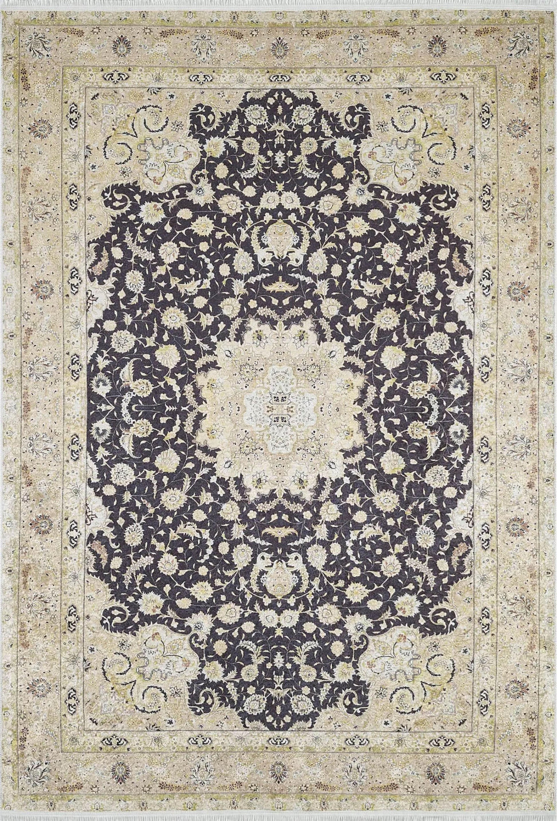 Çiçekli Geleneksel Siyah Bej Vintage Halı