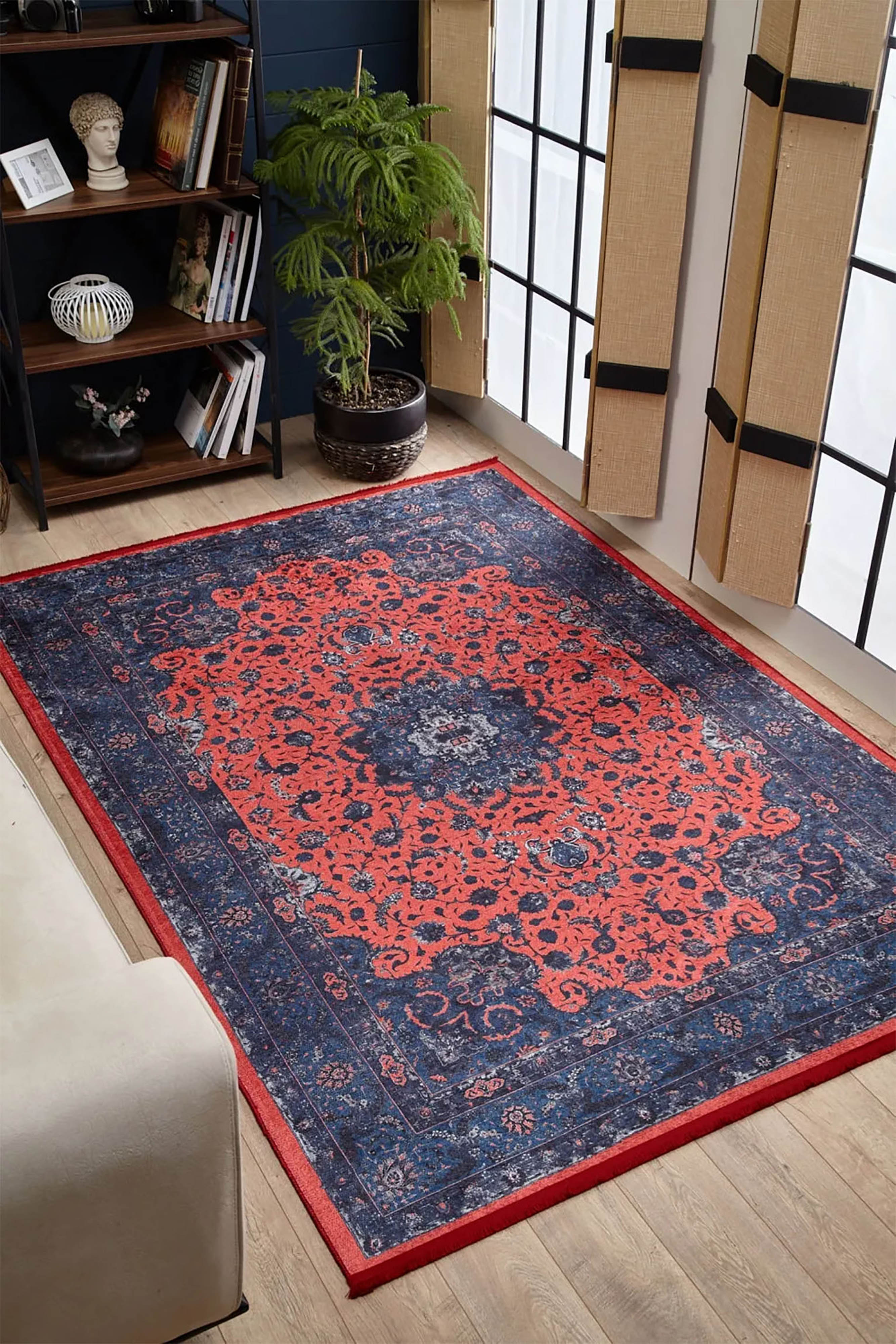 Soho Çiçek Desenli Geleneksel Kırmızı Lacivert Vintage Halı - Pera Halı