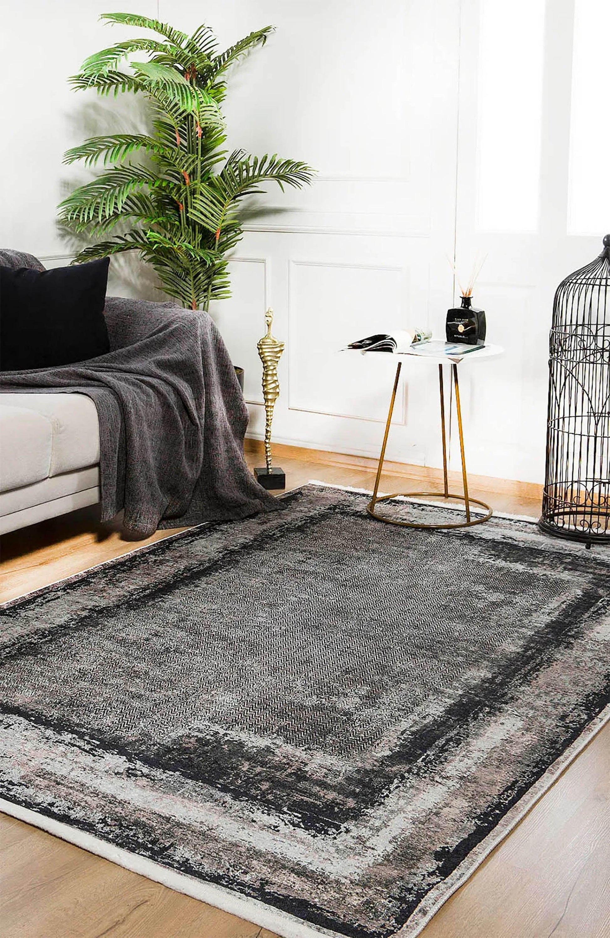 Antrasit Çizgili Koyu Gri Modern Halı