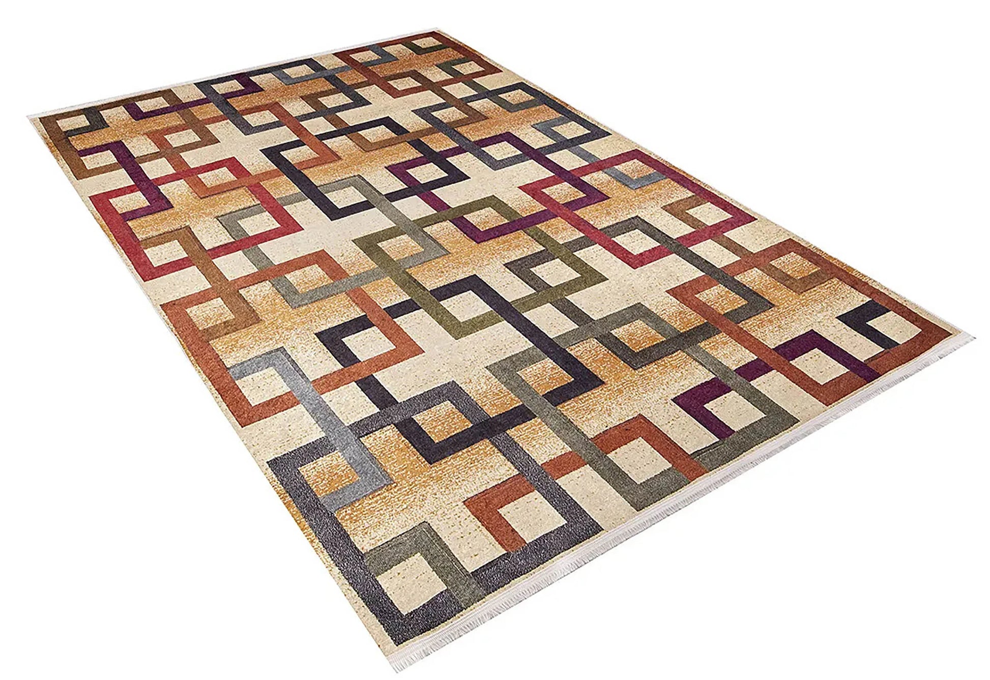 Çok Renkli Geometrik Kare Desenli Halı