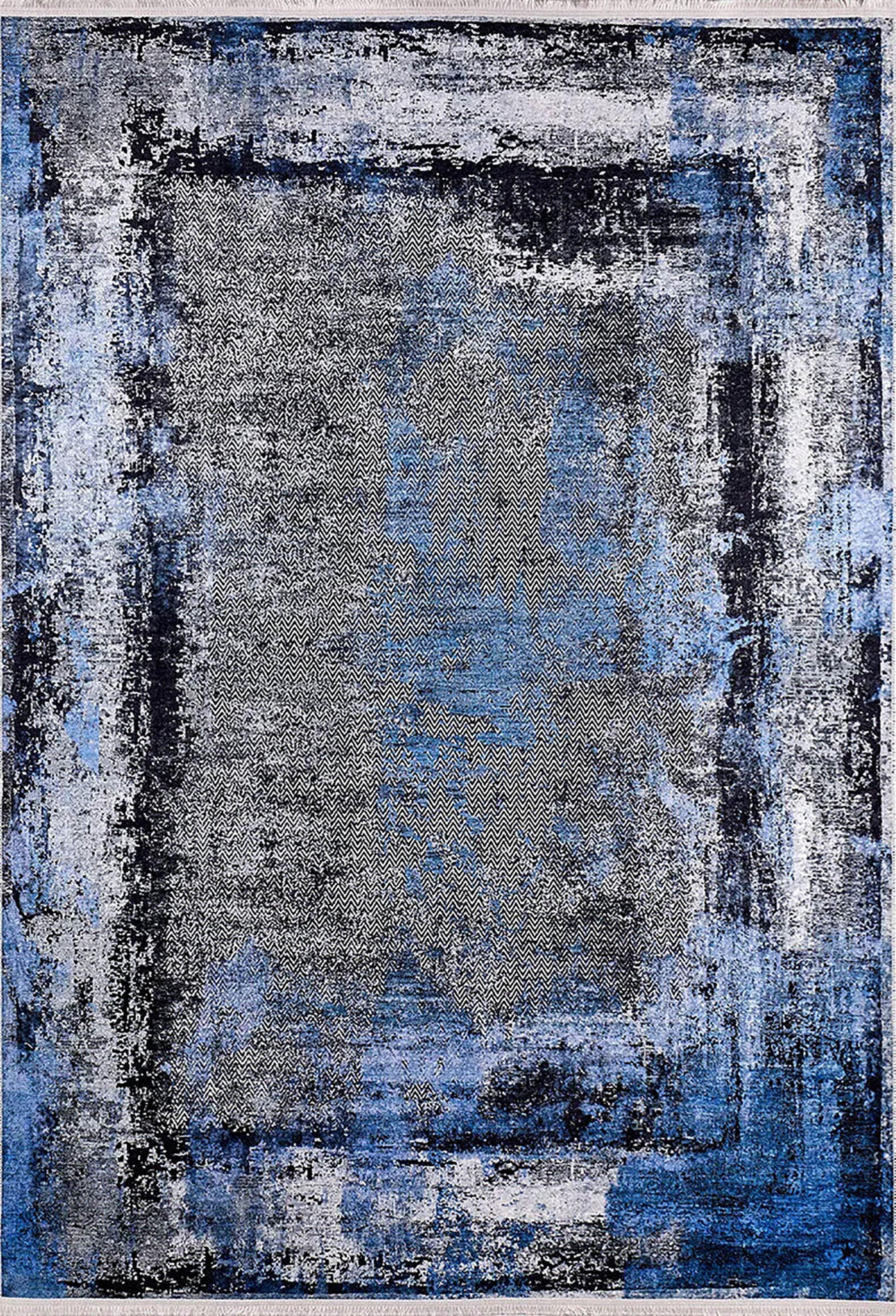 Mavi Gri Eskitme Modern Halı