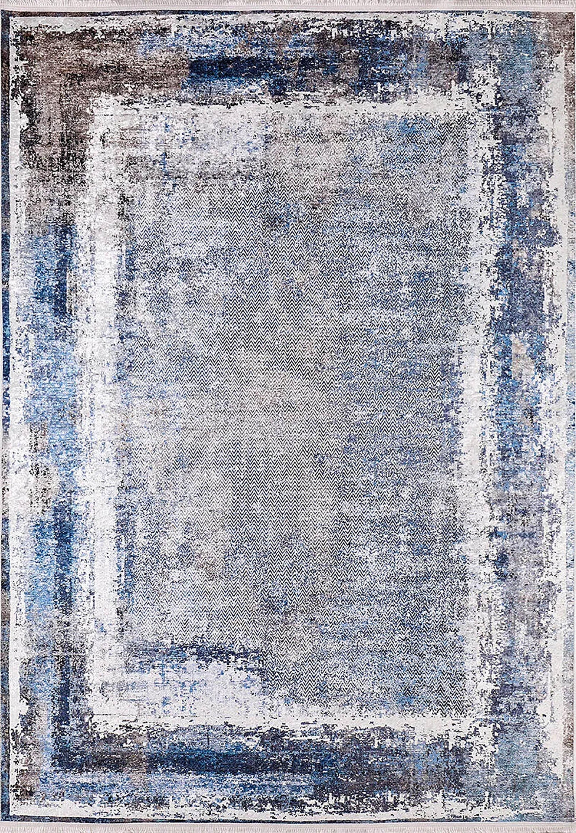 Mavi Gri Eskitme Çerçeveli Modern Halı