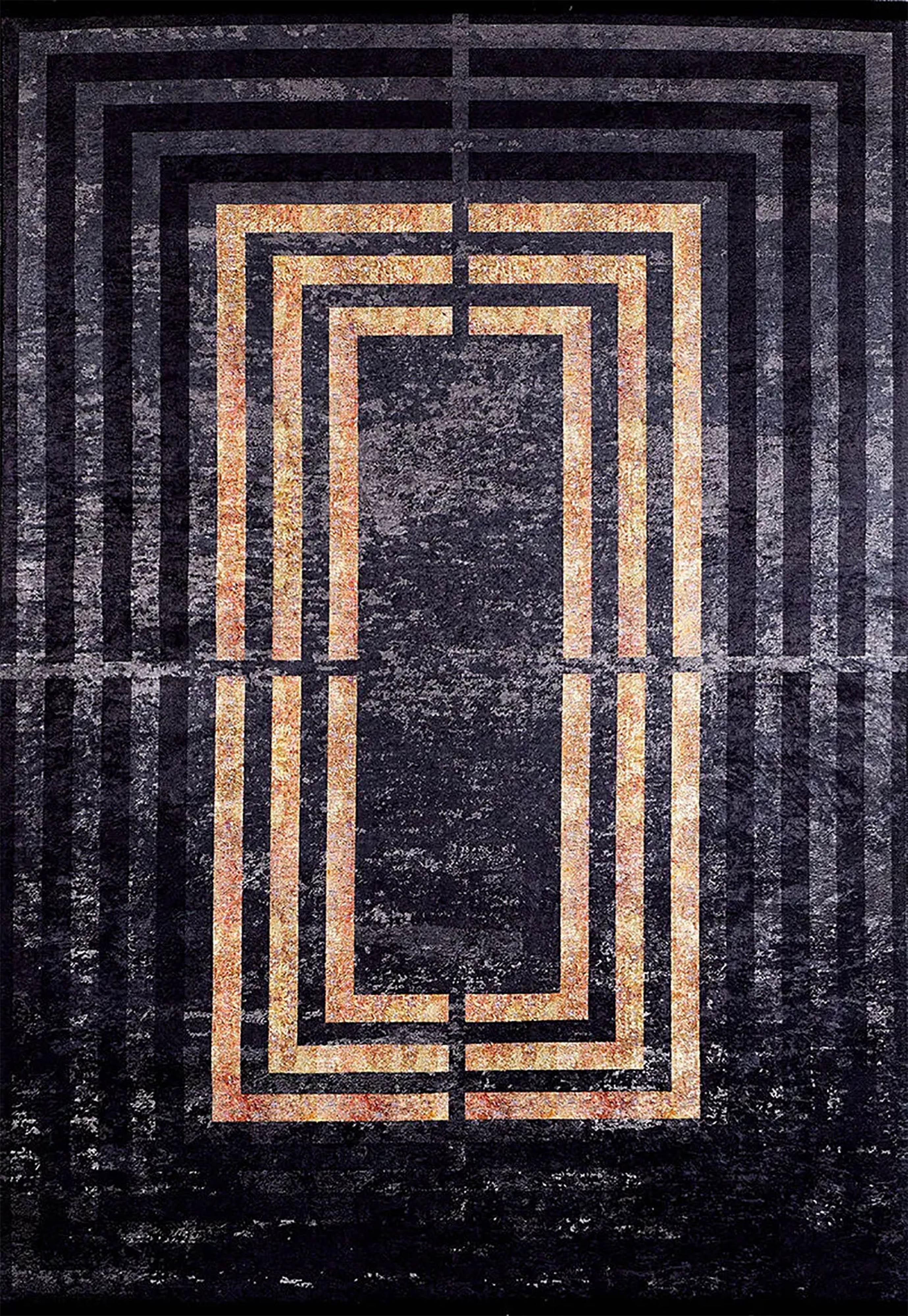 Lüks Siyah Altın Geometrik Çerçeveli Modern Halı
