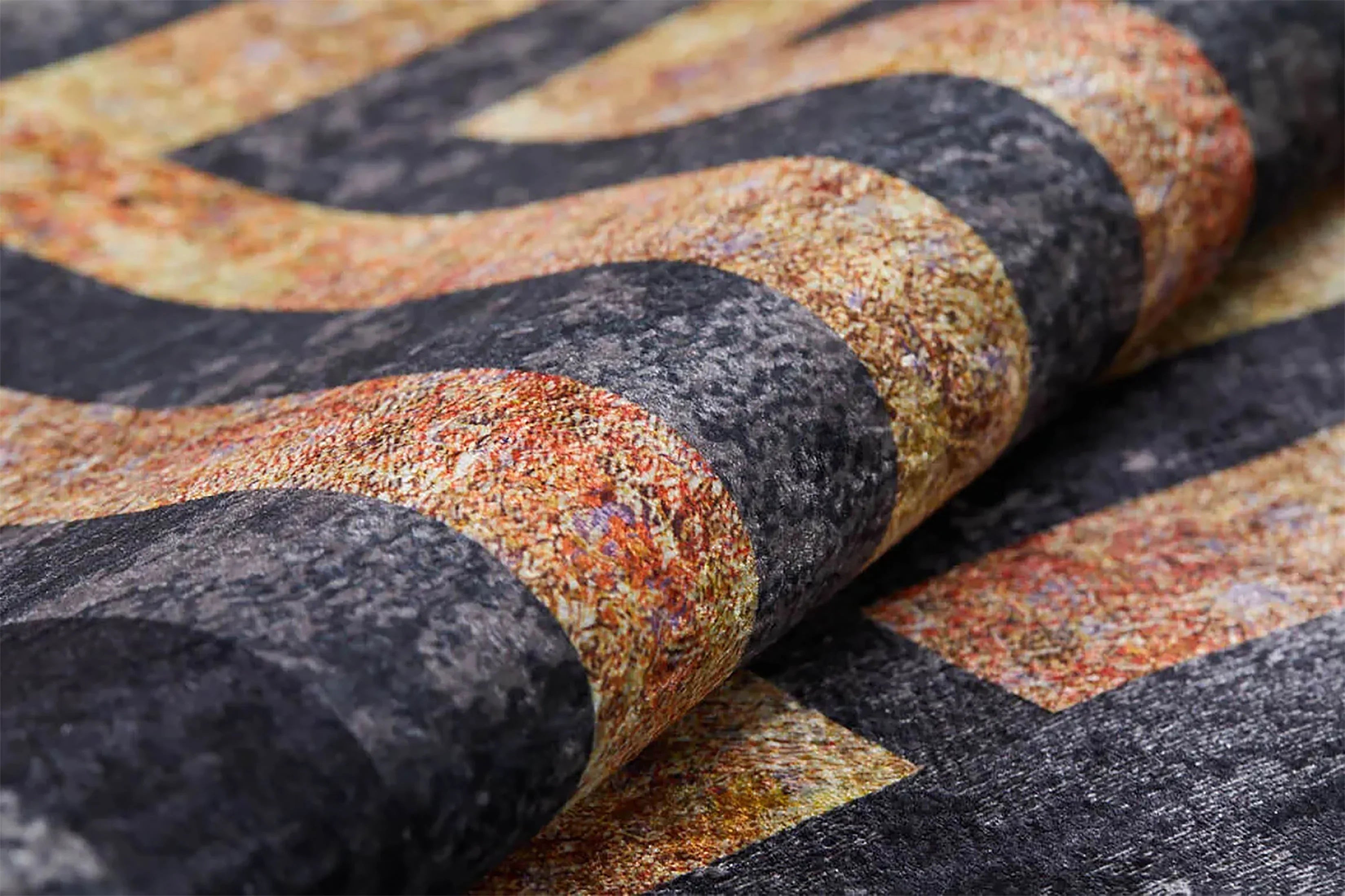 Lüks Siyah Altın Geometrik Çerçeveli Modern Halı