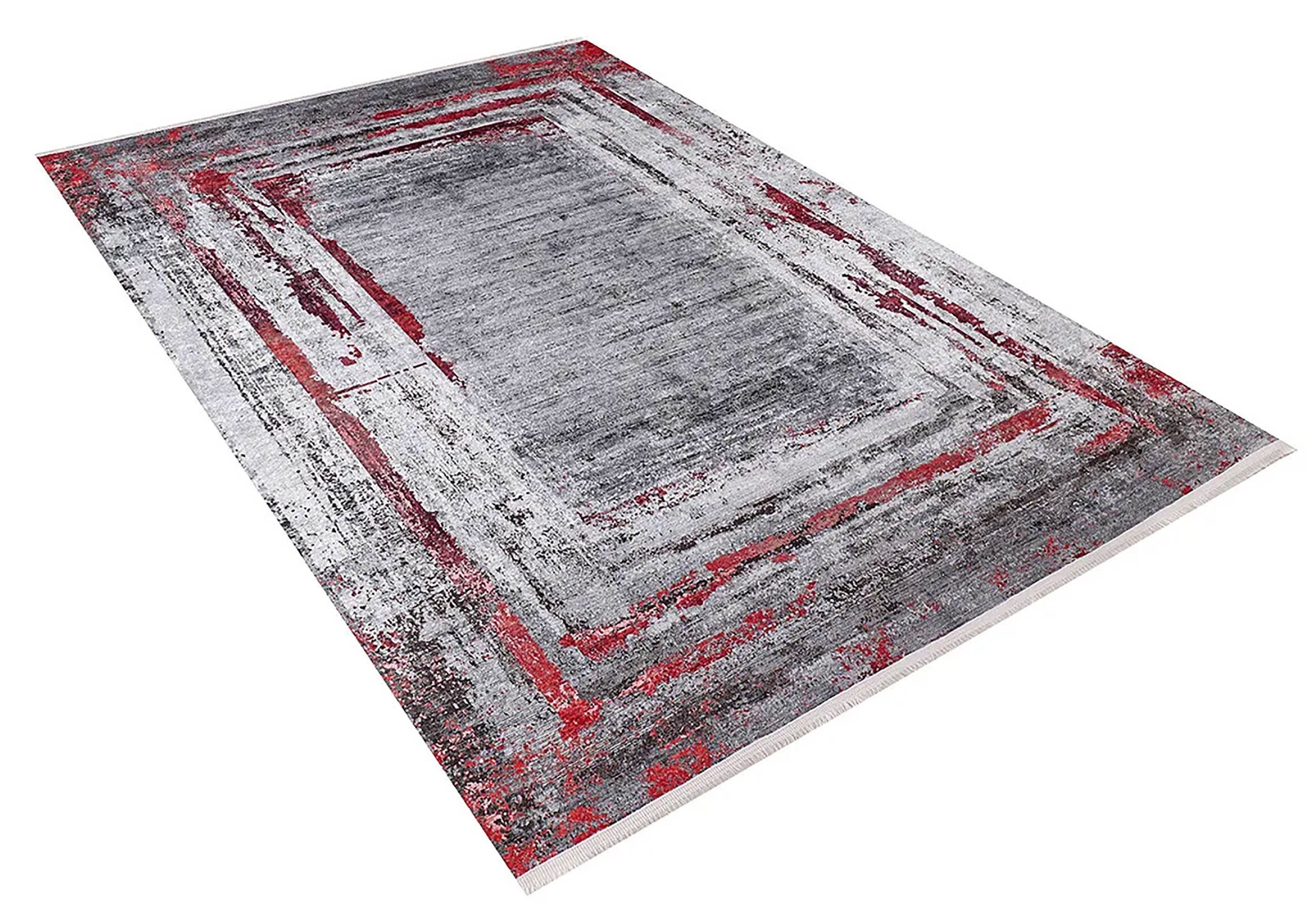 Gri Kırmızı Fırça Darbesi Desenli Modern Halı