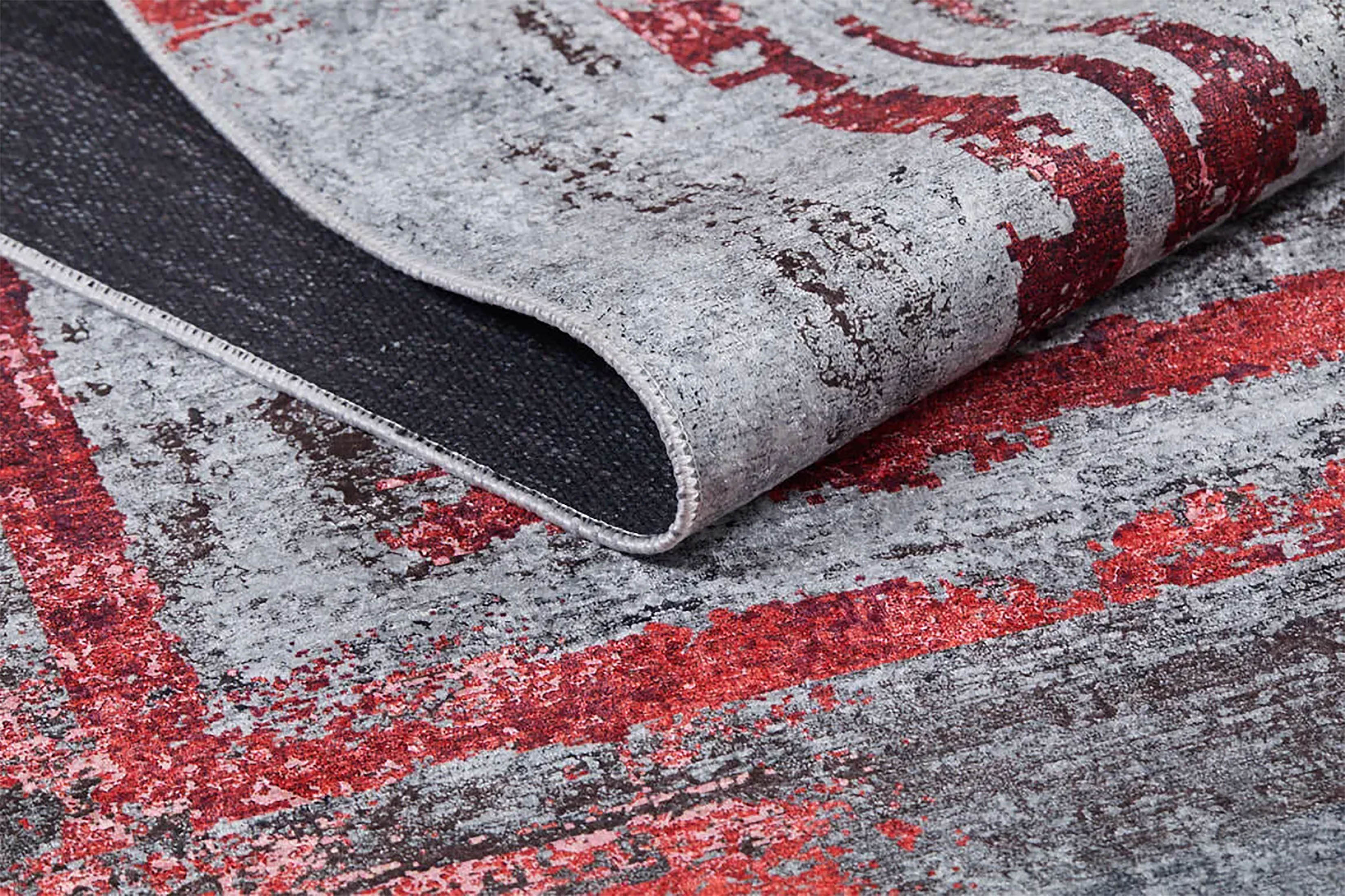 Gri Kırmızı Fırça Darbesi Desenli Modern Halı
