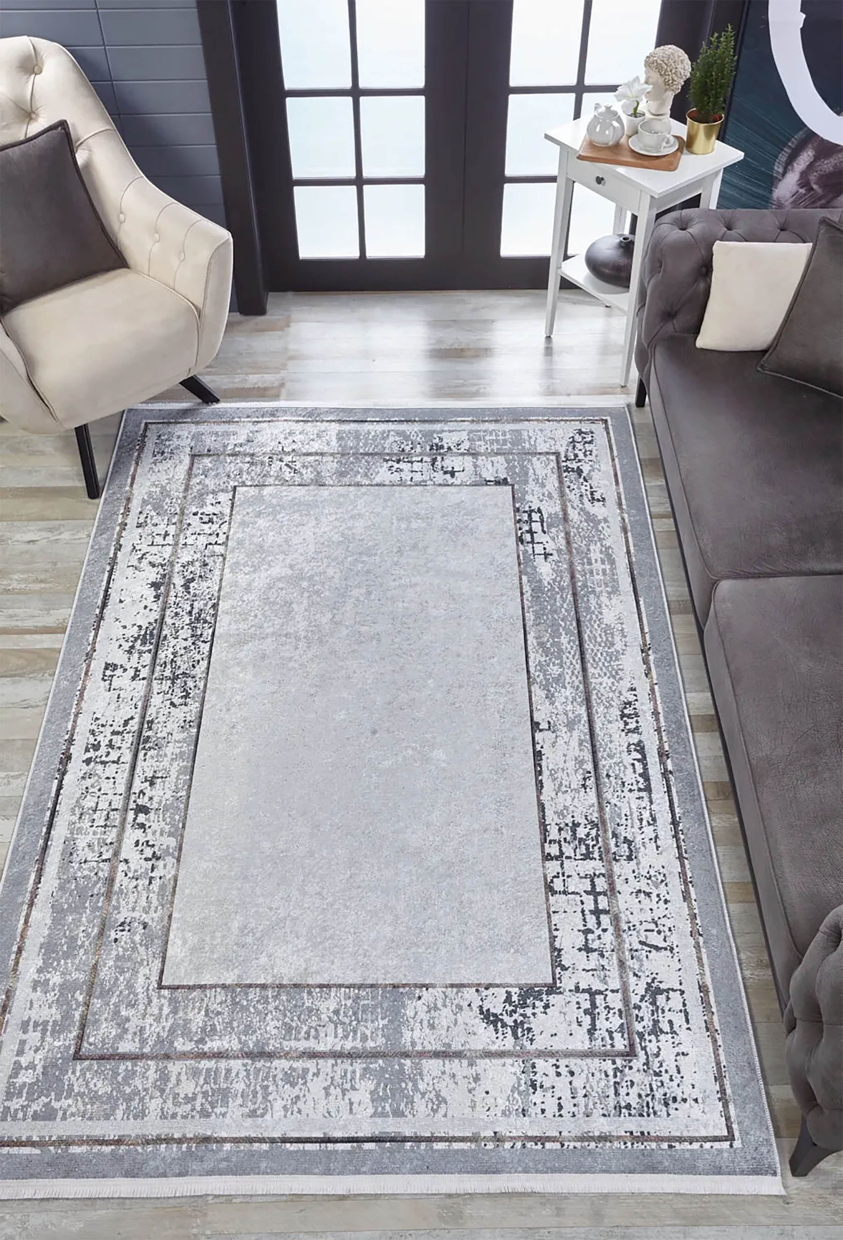 Açık Gri Modern Minimalist Çerçeveli Halı