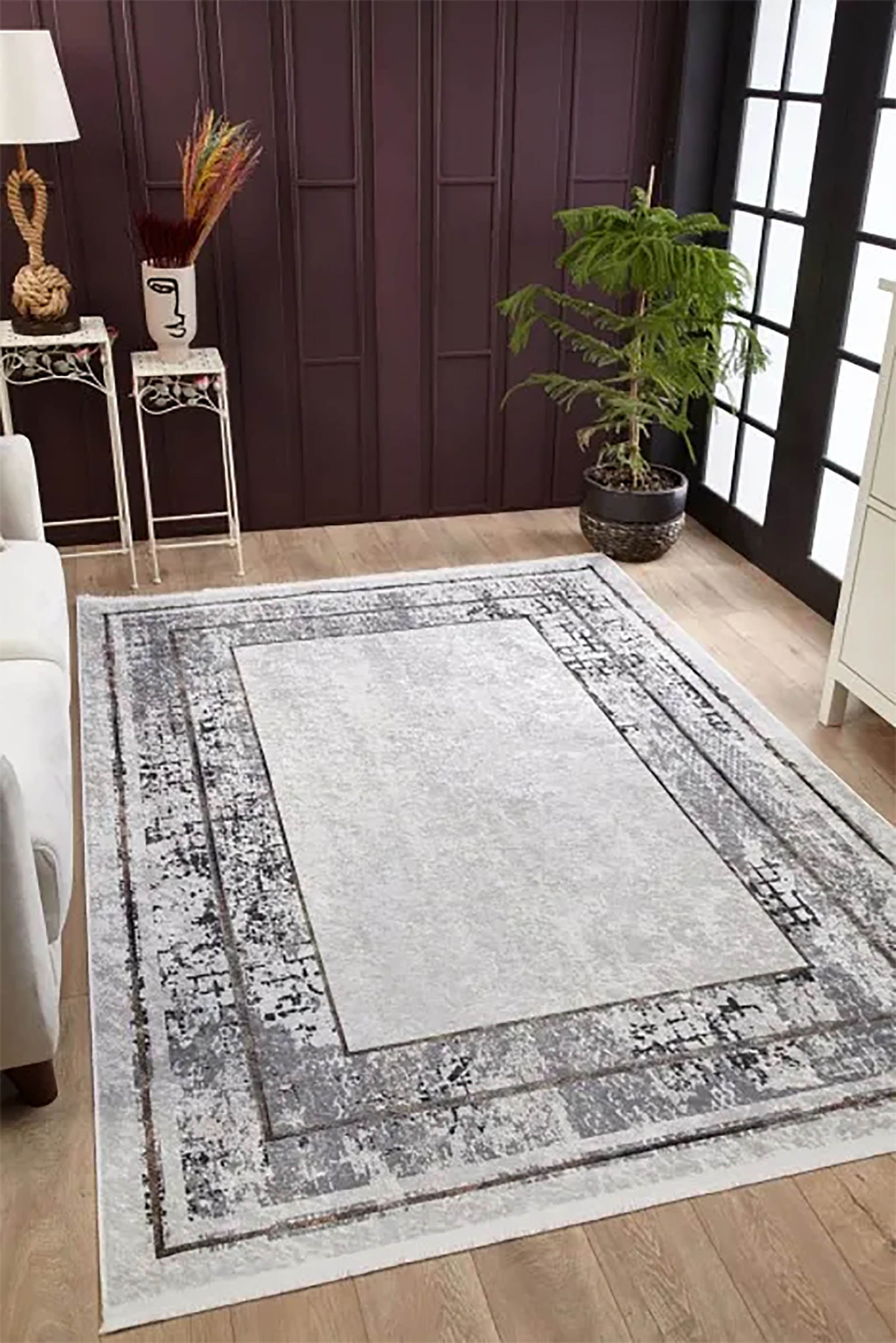 Açık Gri Modern Minimalist Çerçeveli Halı