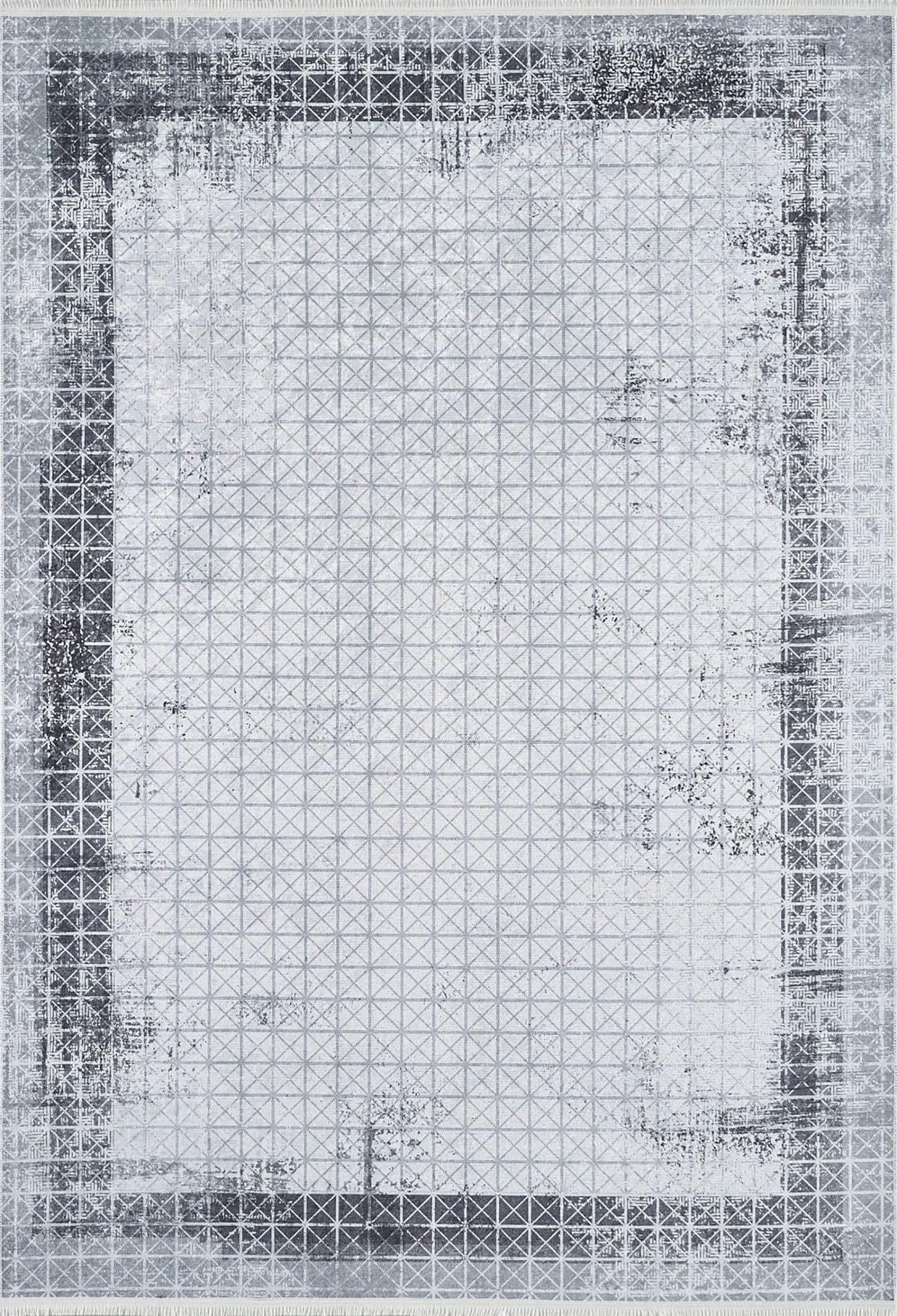 Açık Gri Geometrik Desenli Kontrastlı Çerçeve Halı