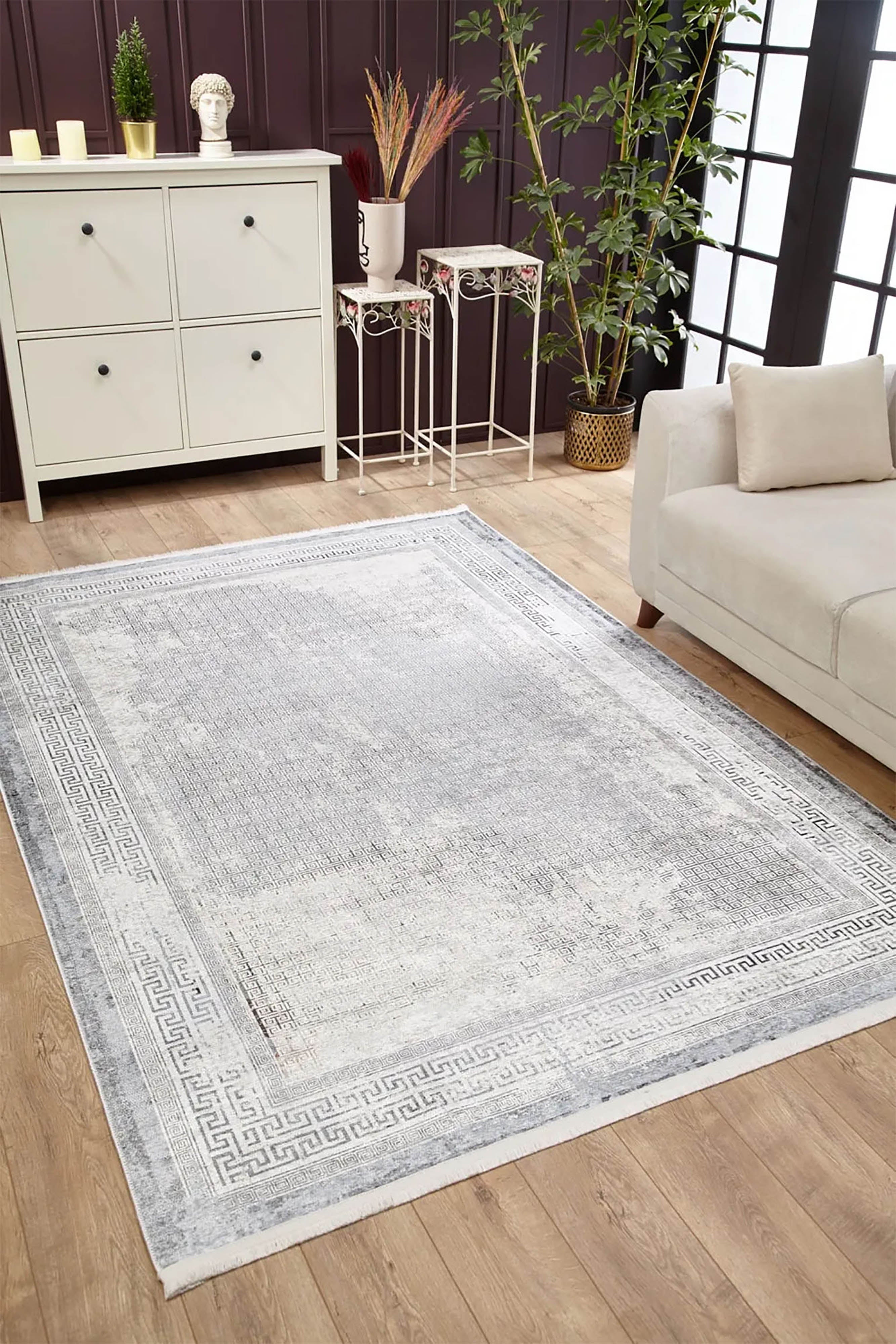 Minimalist Beyaz Gri Modern Bordürlü Halı
