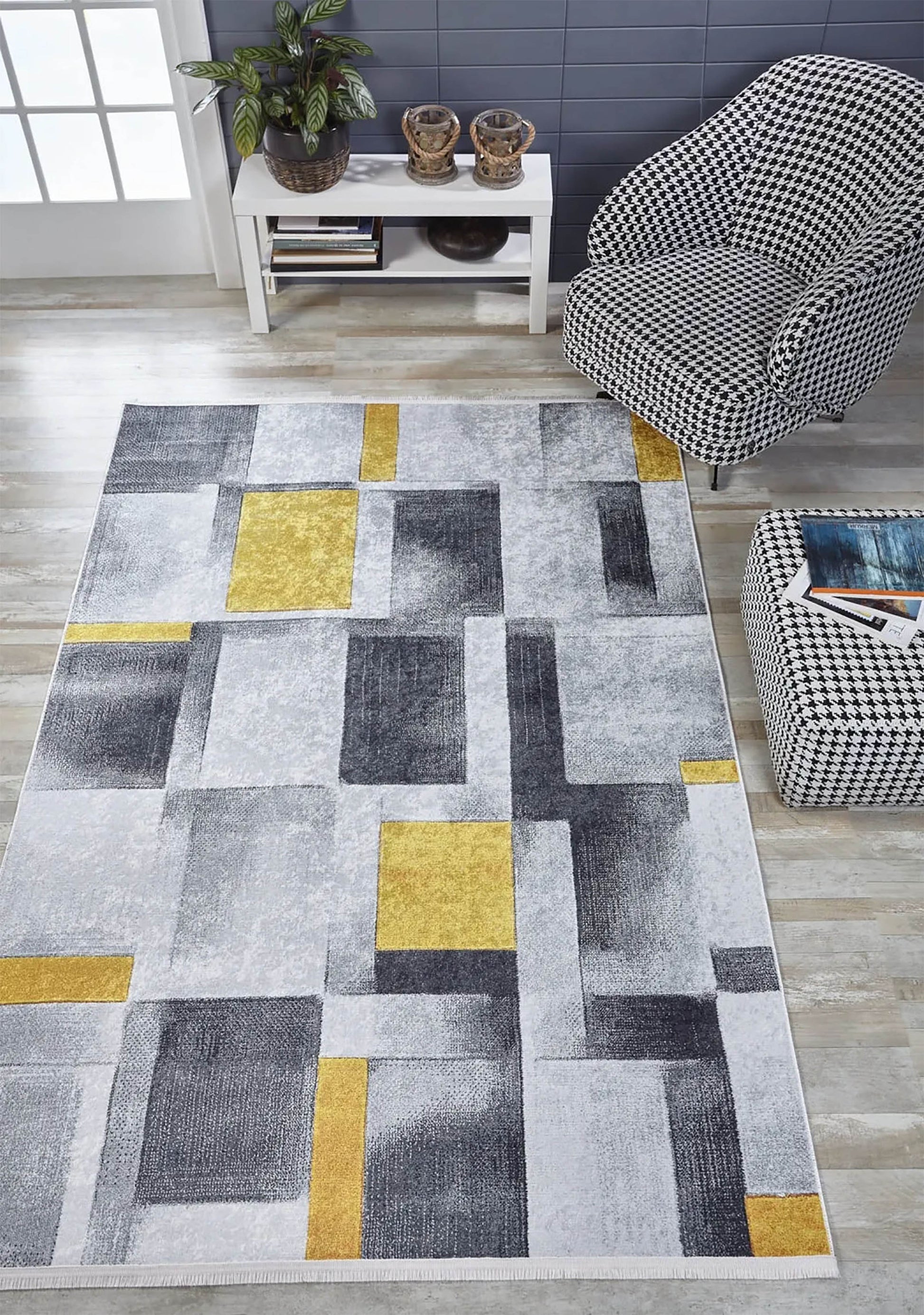 Gri Sarı Modern Geometrik Halı - Pera Halı