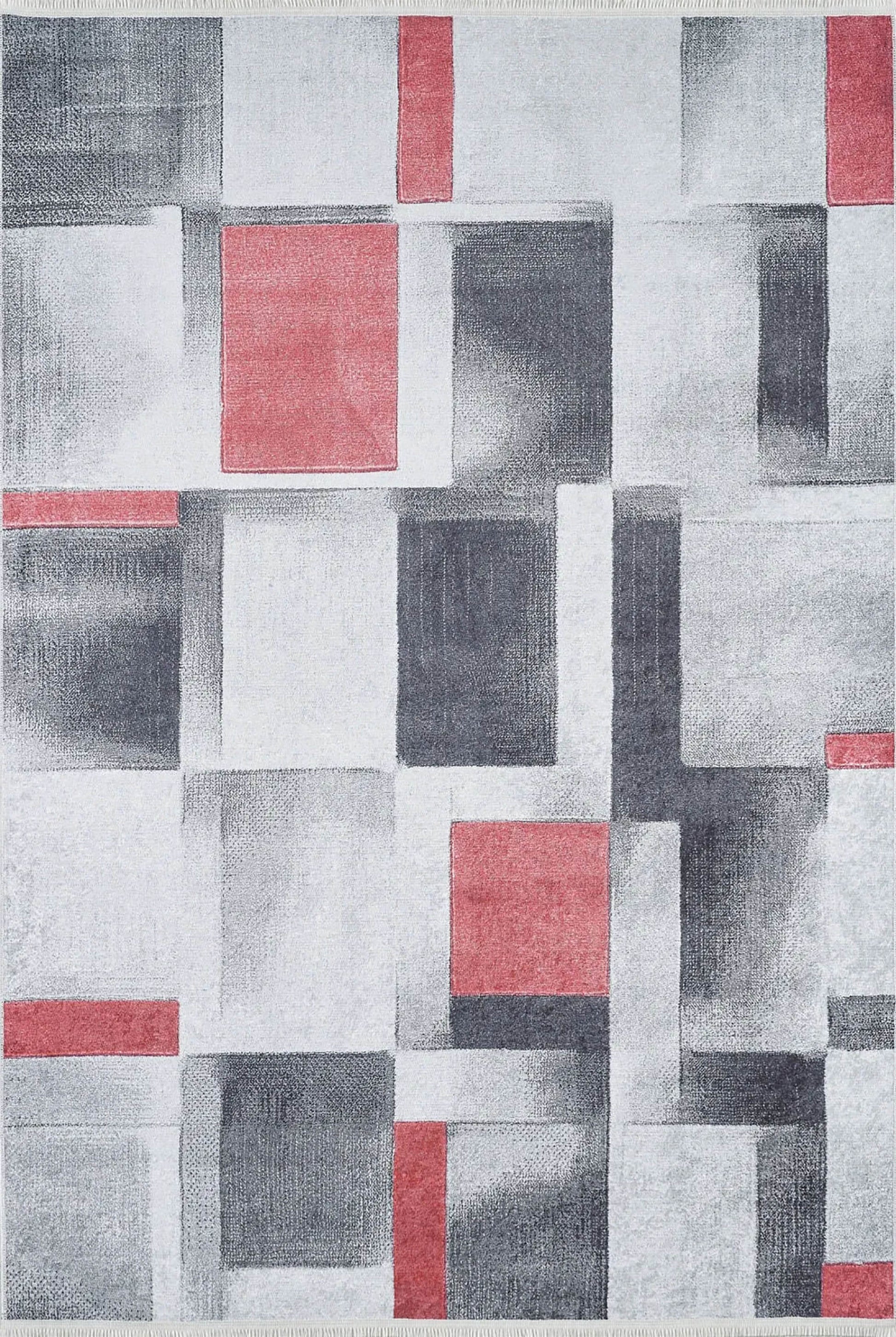 Gri Kırmızı Modern Geometrik Halı - Pera Halı