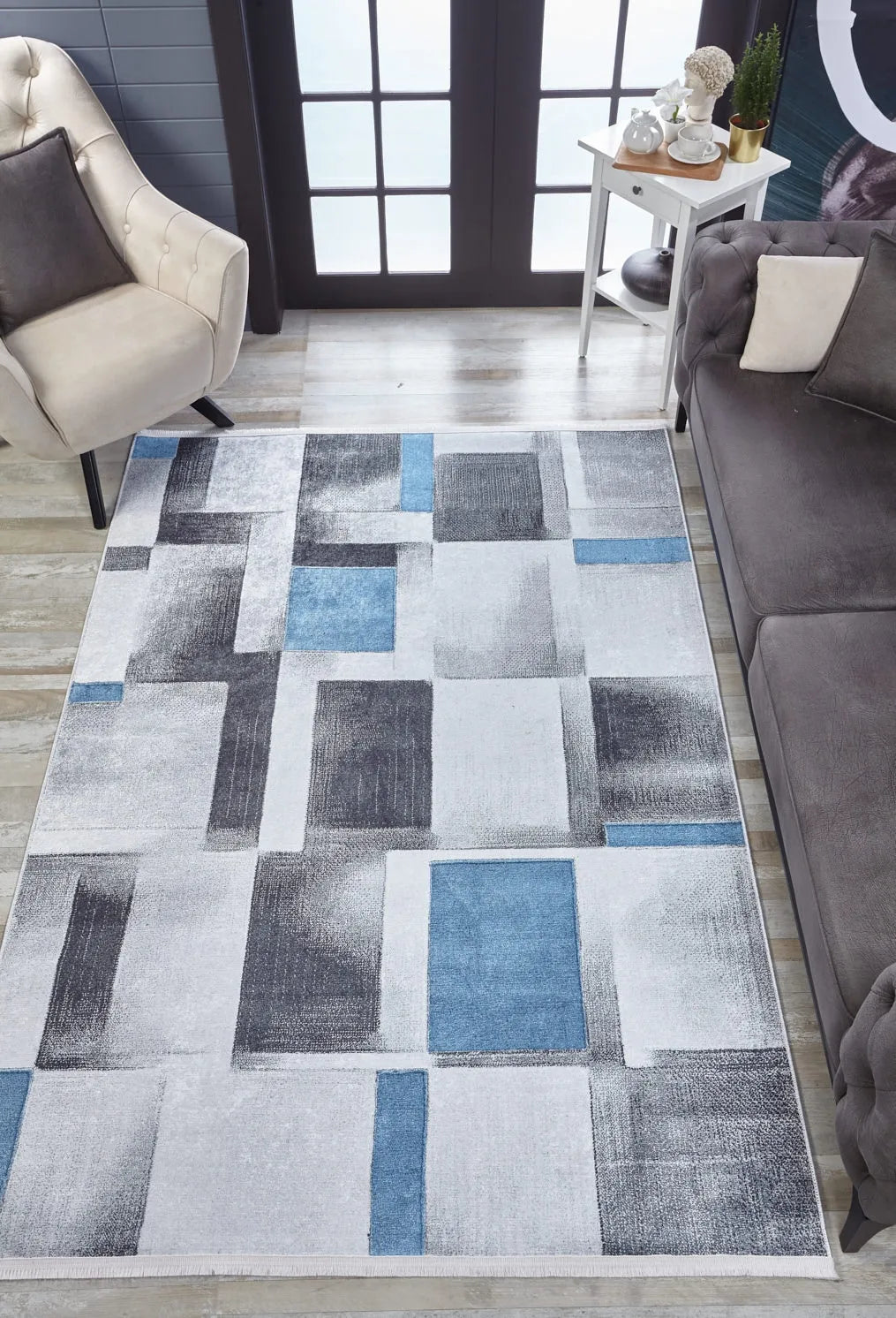 Modern Geometrik Gri Mavi Halı