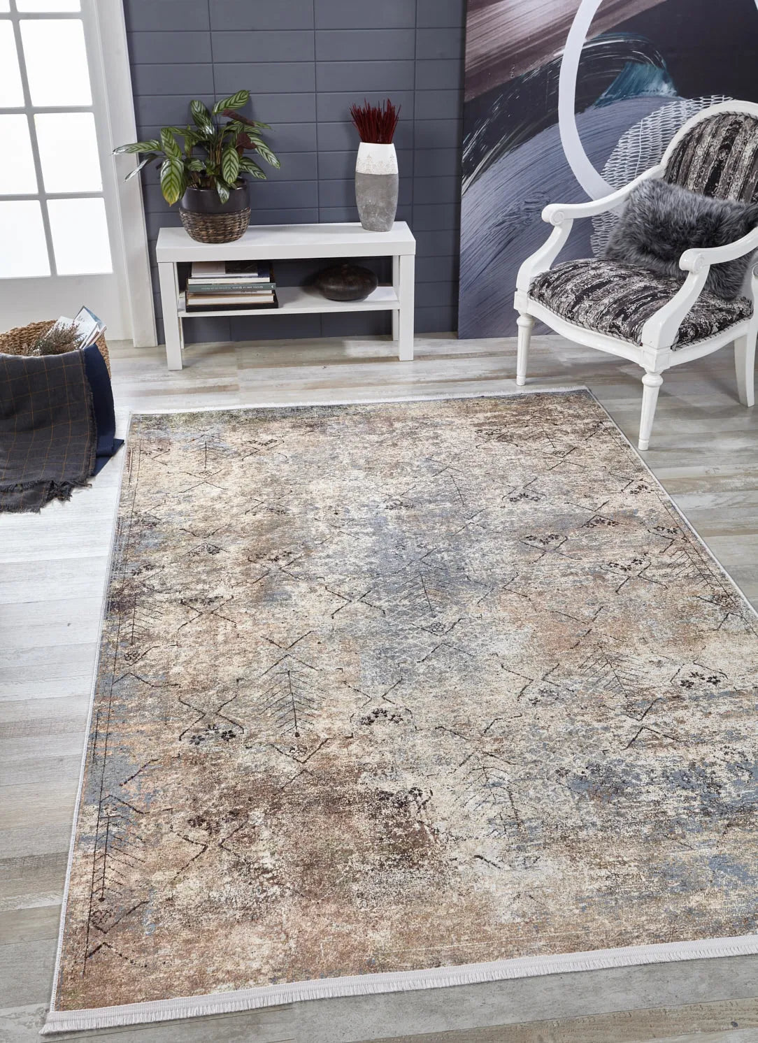 Pale Pink Cream Beige Geometric Patterned Kilim Rug