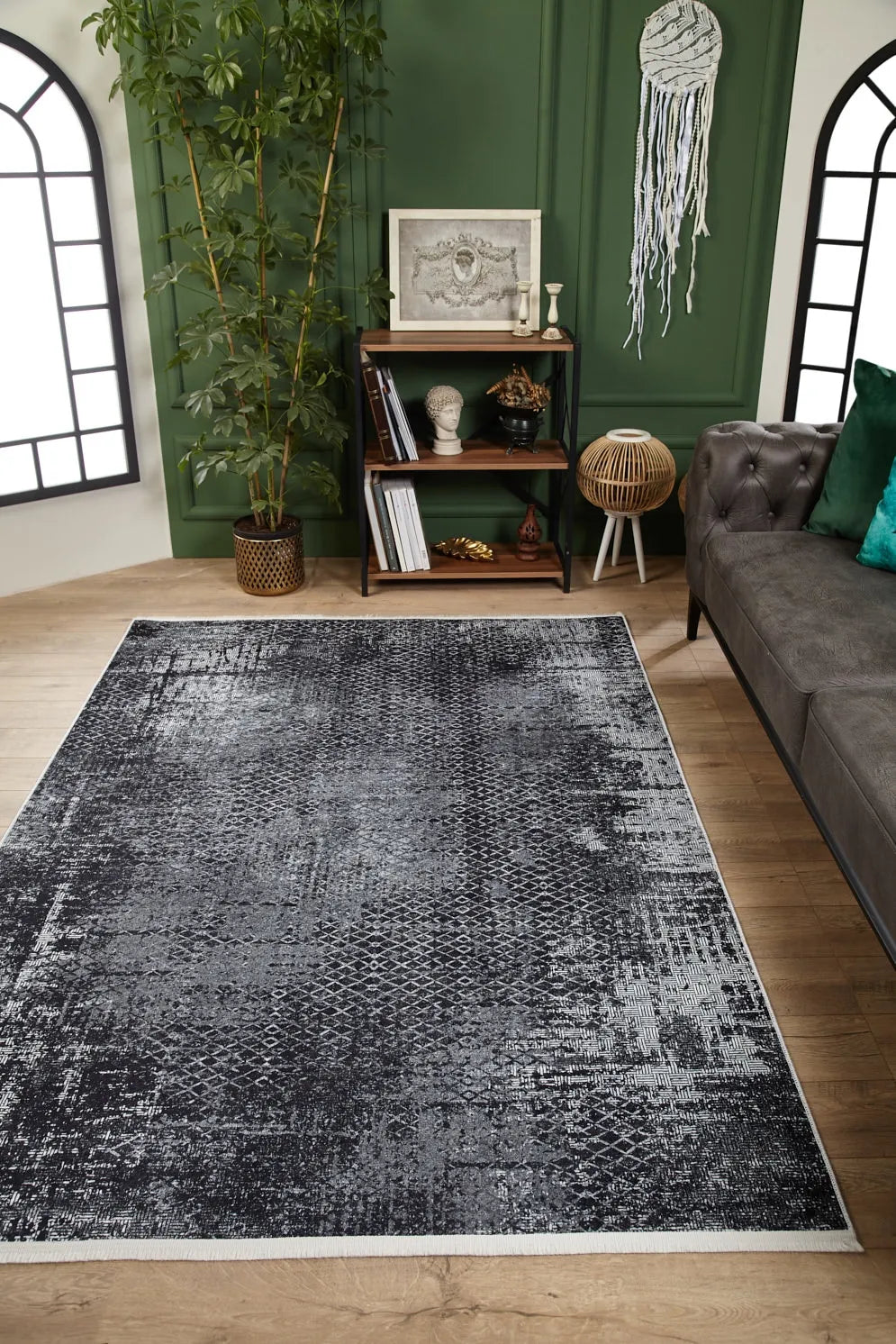 Antrasit Gri Geometrik Desenli Halı