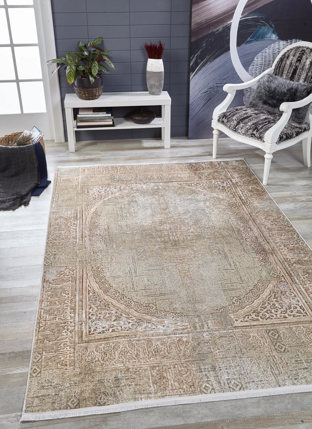 Pale Pink Cream Beige Geometric Patterned Kilim Rug