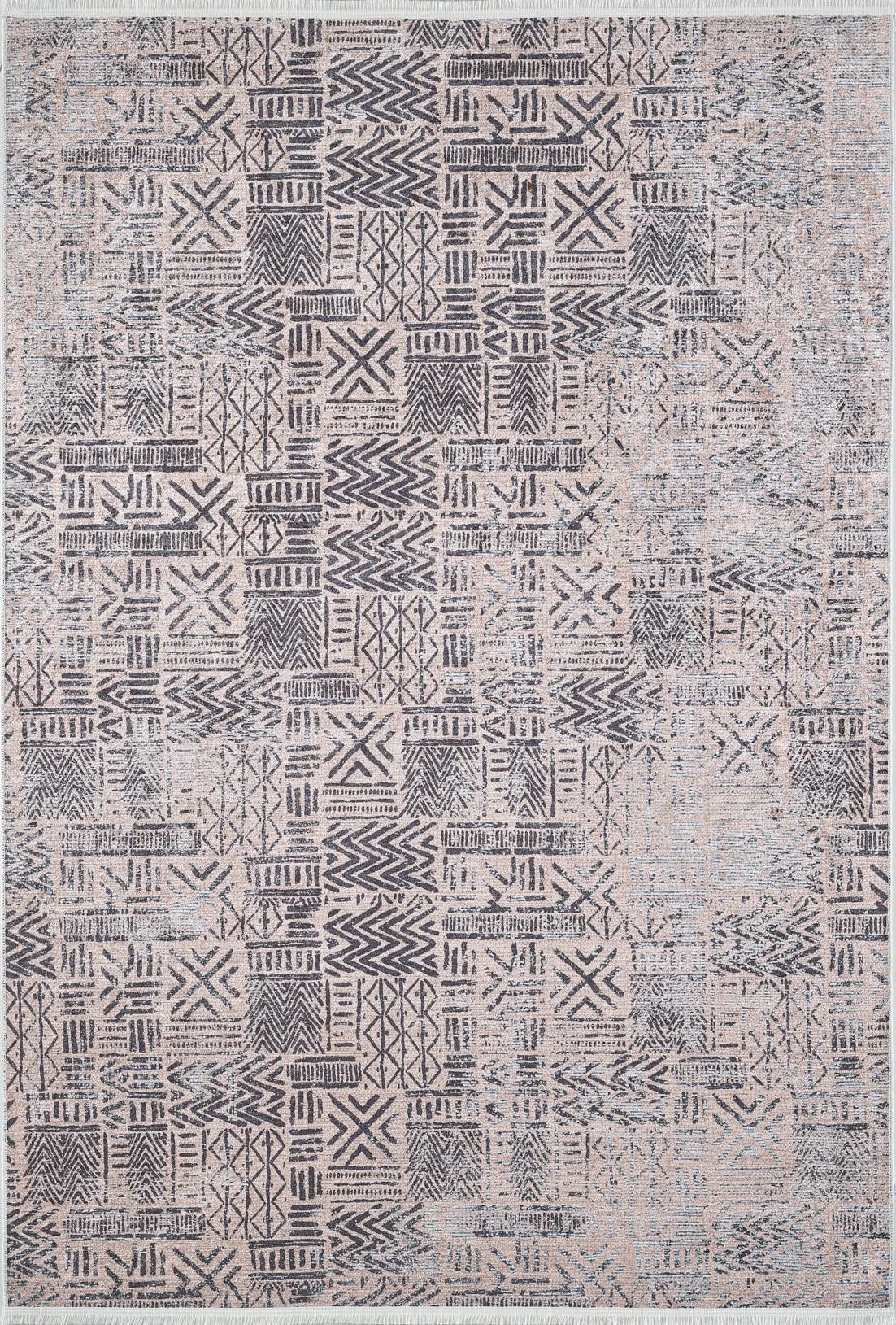 Pudra Gri Siyah Geometrik Desenli Halı