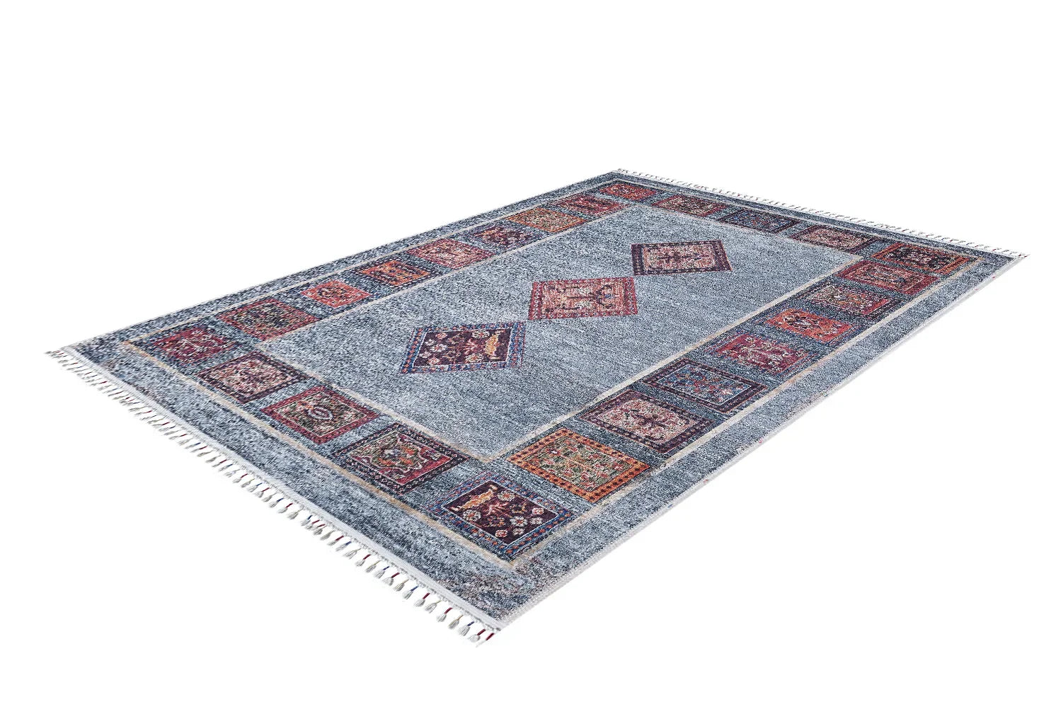 Örgü Saçaklı Mavi Otantik Medallion Desenli Halı