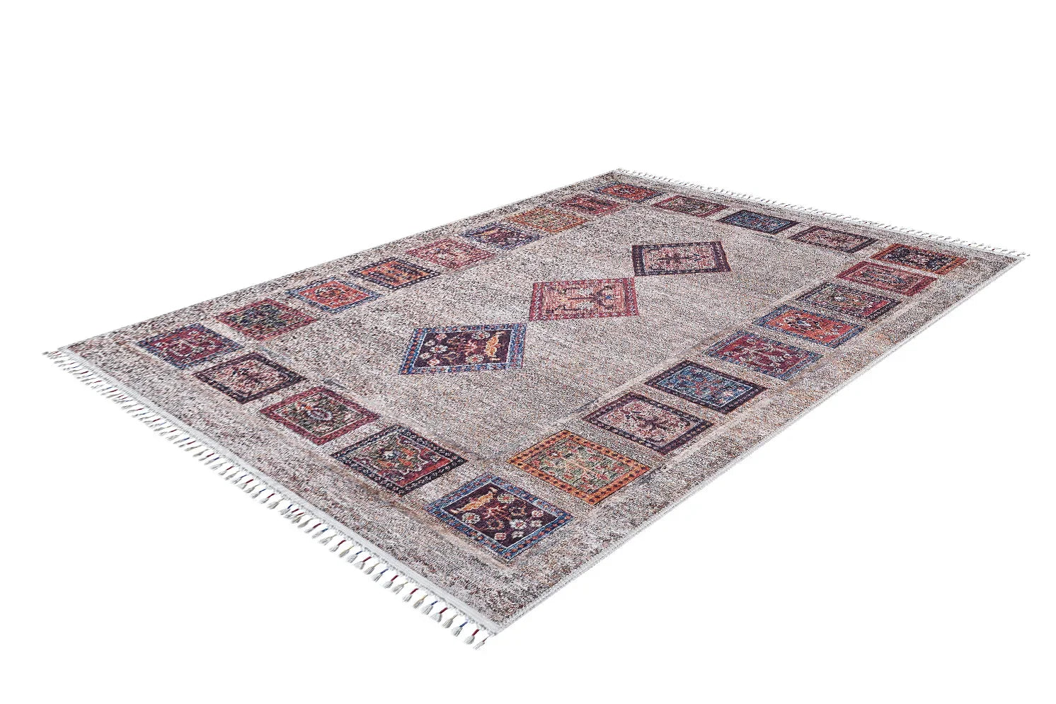 Örgü Saçaklı Bej Toprak Çok Renkli Halı