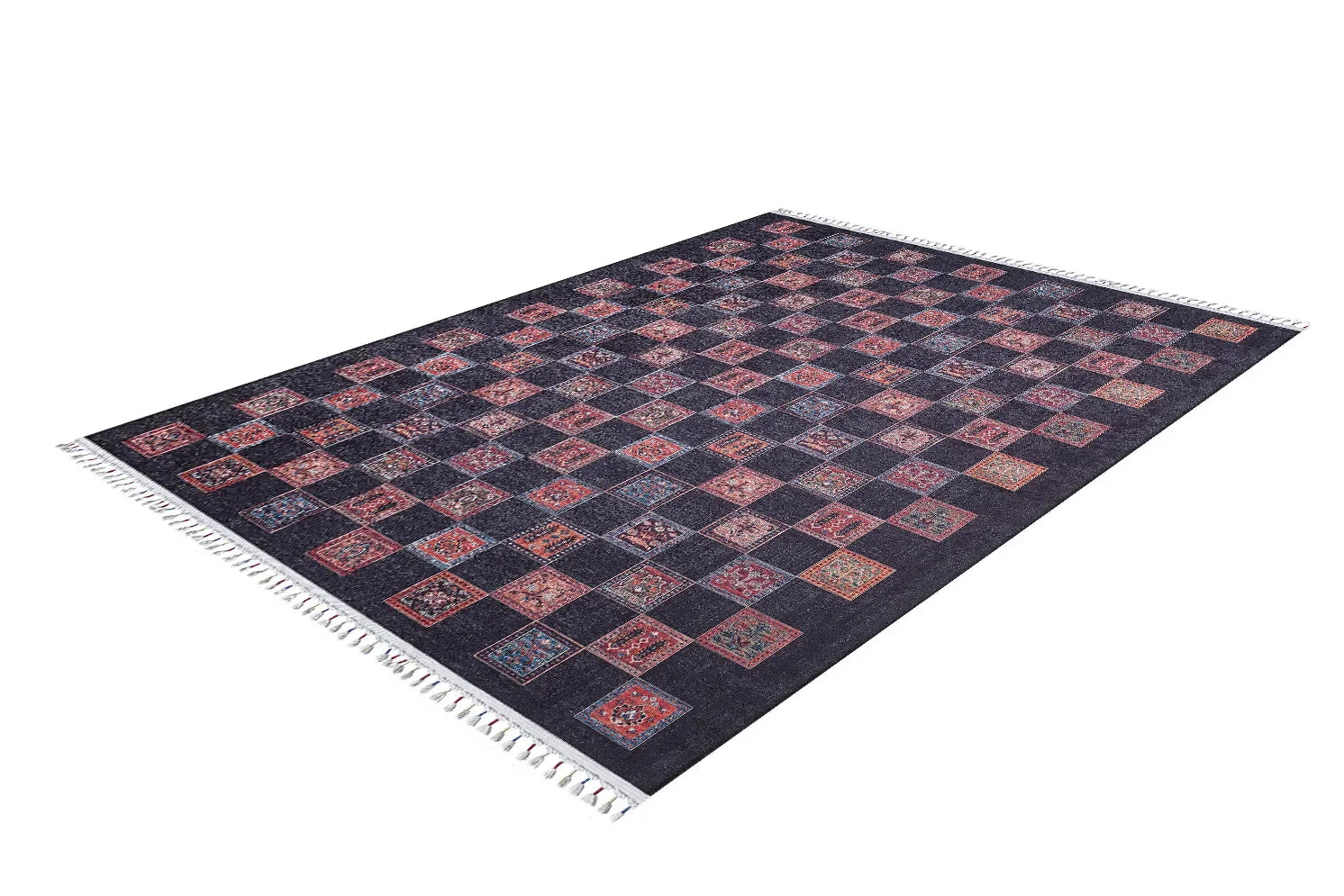 Örgü Saçaklı Çok Renkli Otantik Kare Desenli Halı